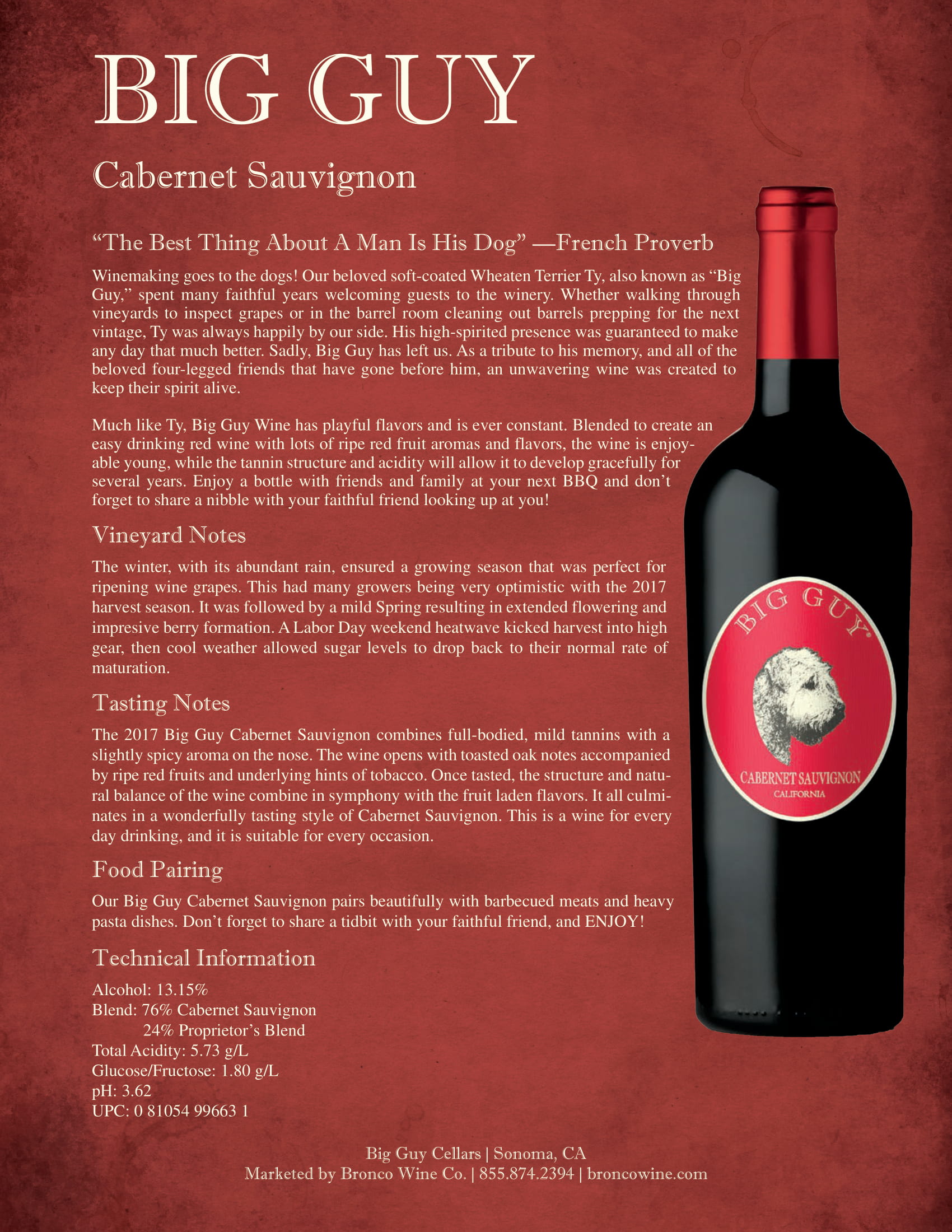 Big Guy Wine Cellars Cabernet Sauvignon tech sheet sample