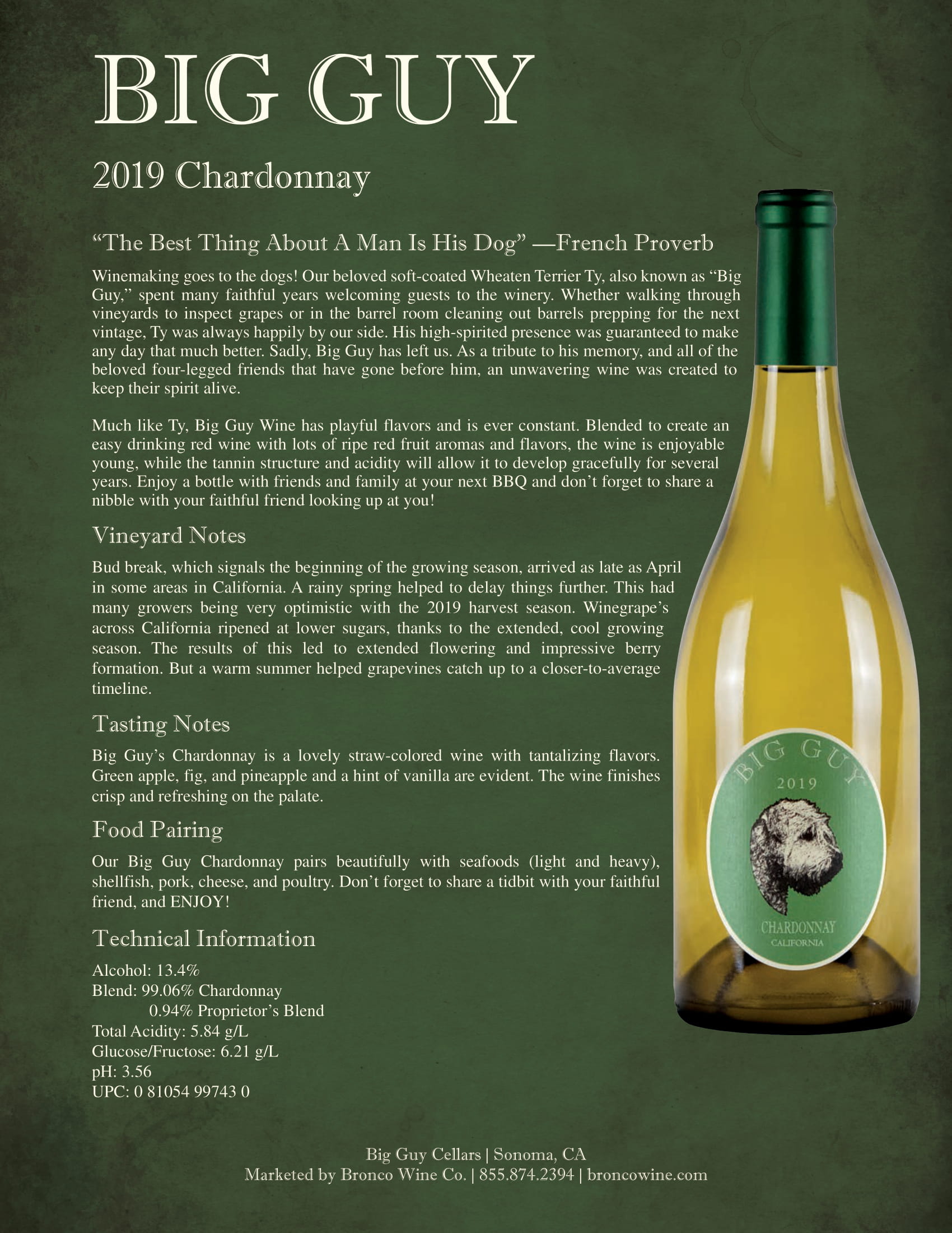 Big Guy Wine Cellars Chardonnay tech sheet sample