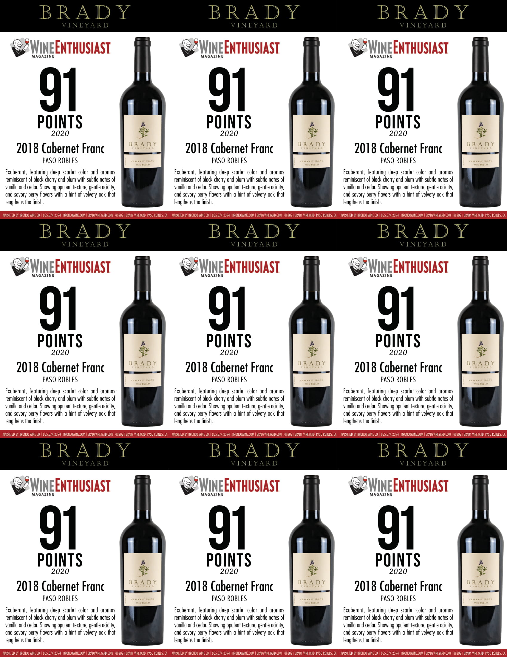 Brady Vineyards wine brand Cabernet Franc shelf talker sample