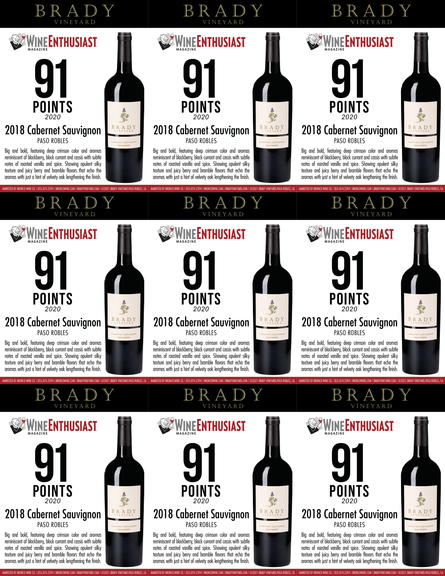 Brady Vineyards wine brand Cabernet Sauvignon shelf talker sample