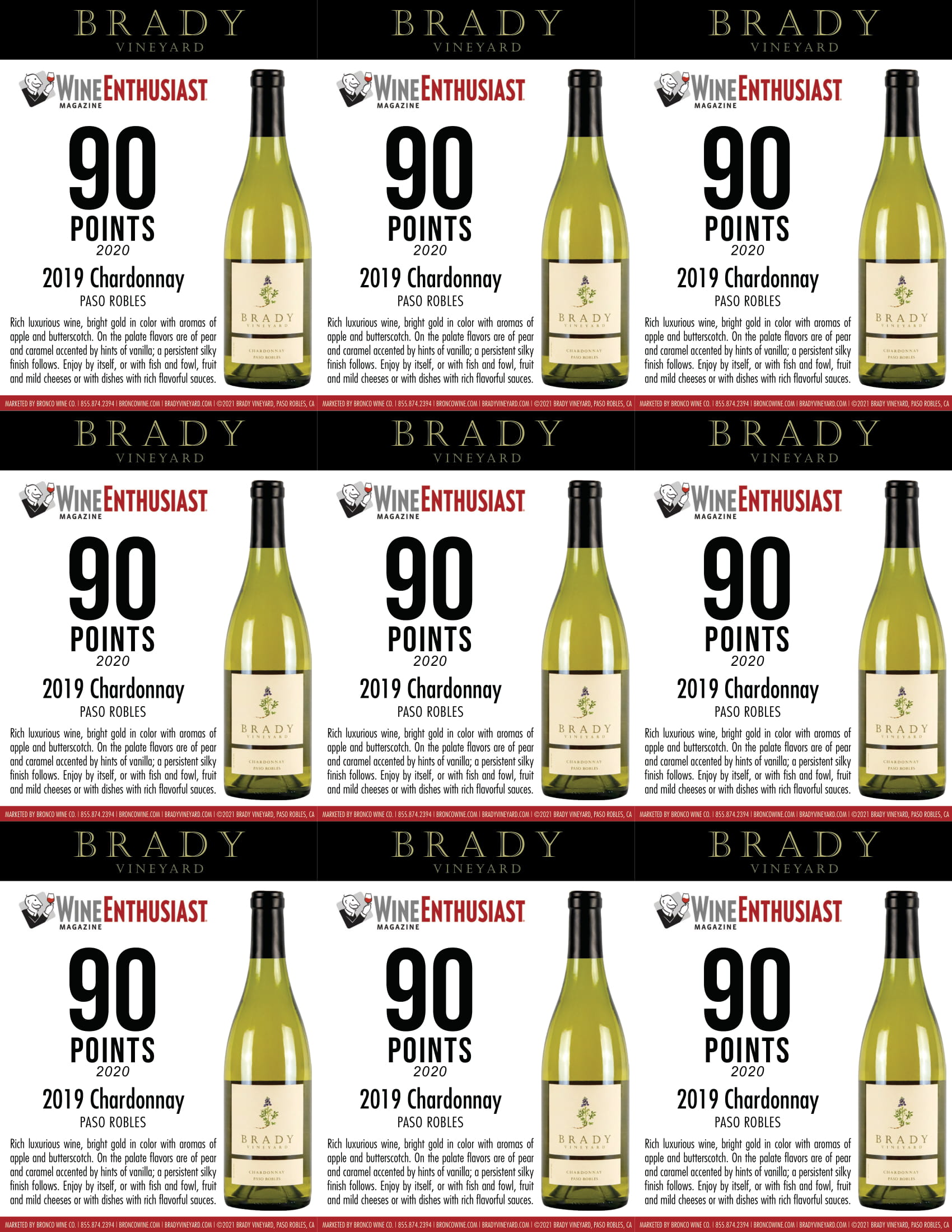 Brady Vineyards wine brand Chardonnay shelf talker sample