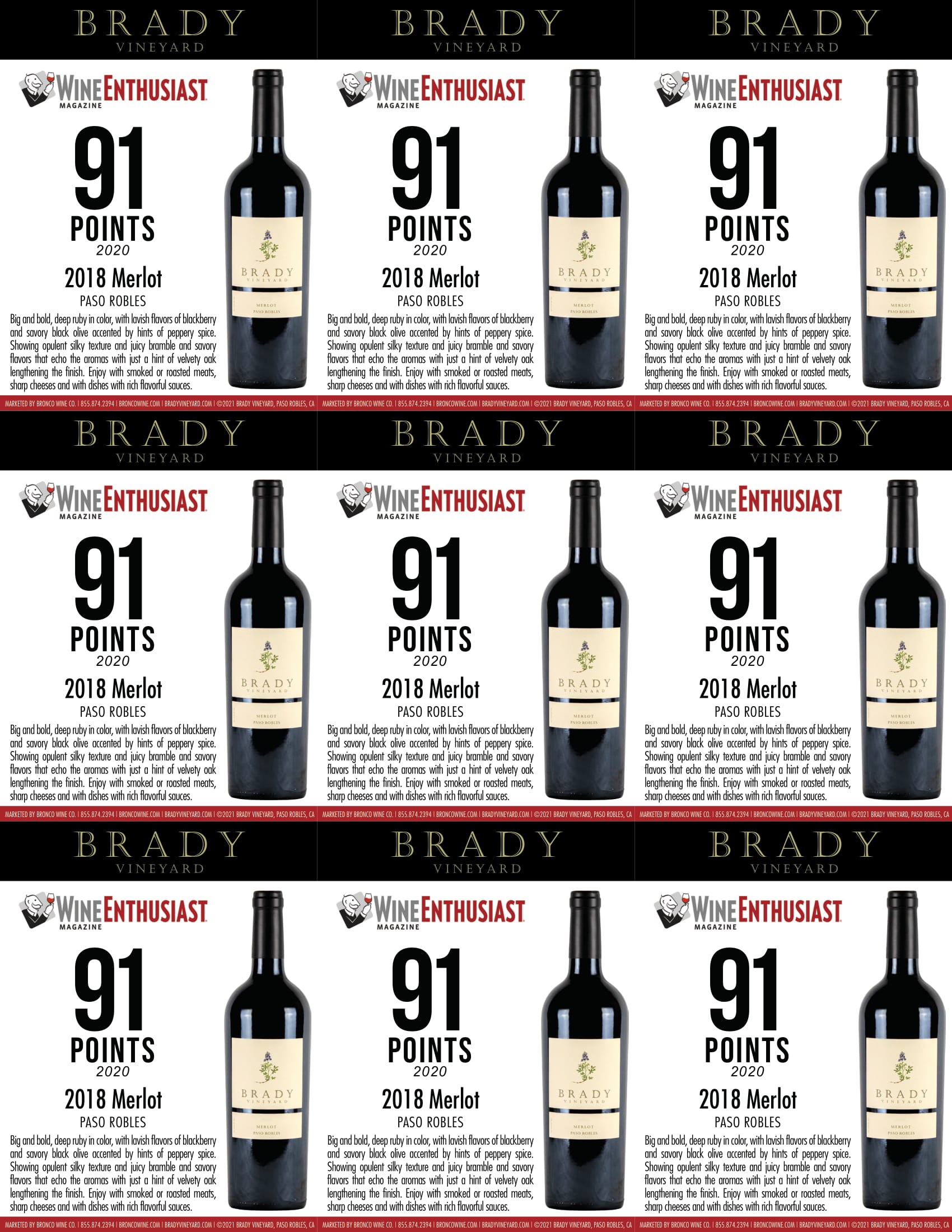 Brady Vineyards wine brand merlot shelf talker sample