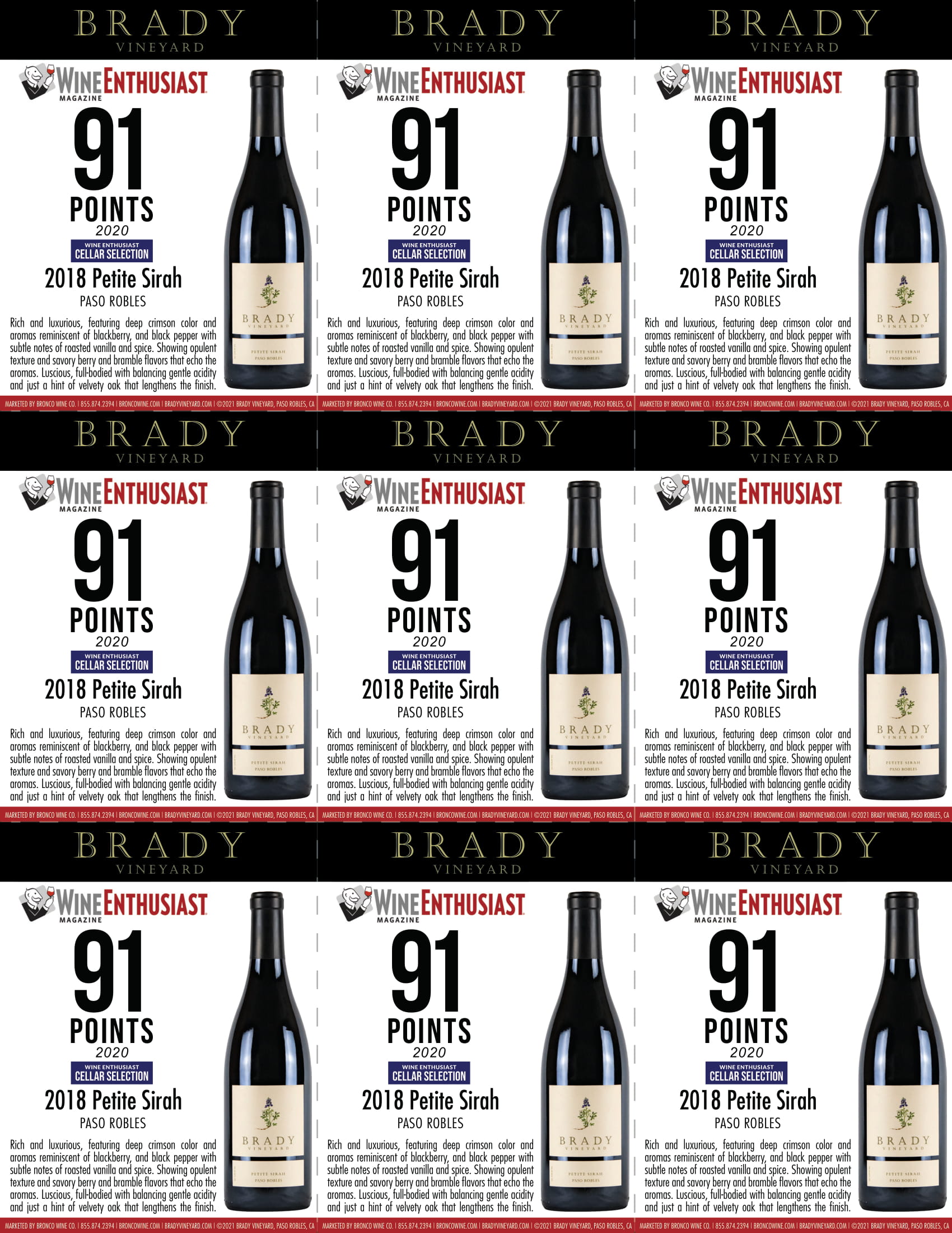 Brady Vineyards wine brand Petite Sirah shelf talker sample