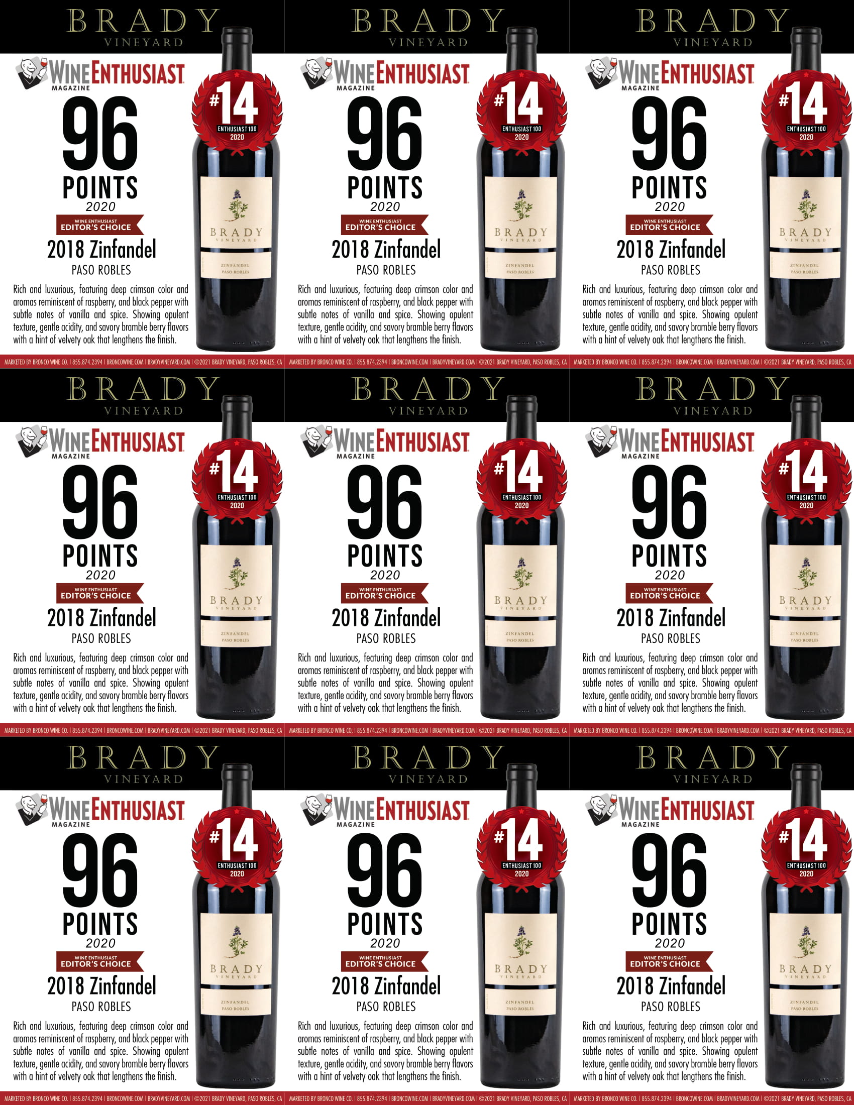 Brady Vineyards wine brand Zinfandel shelf talker sample