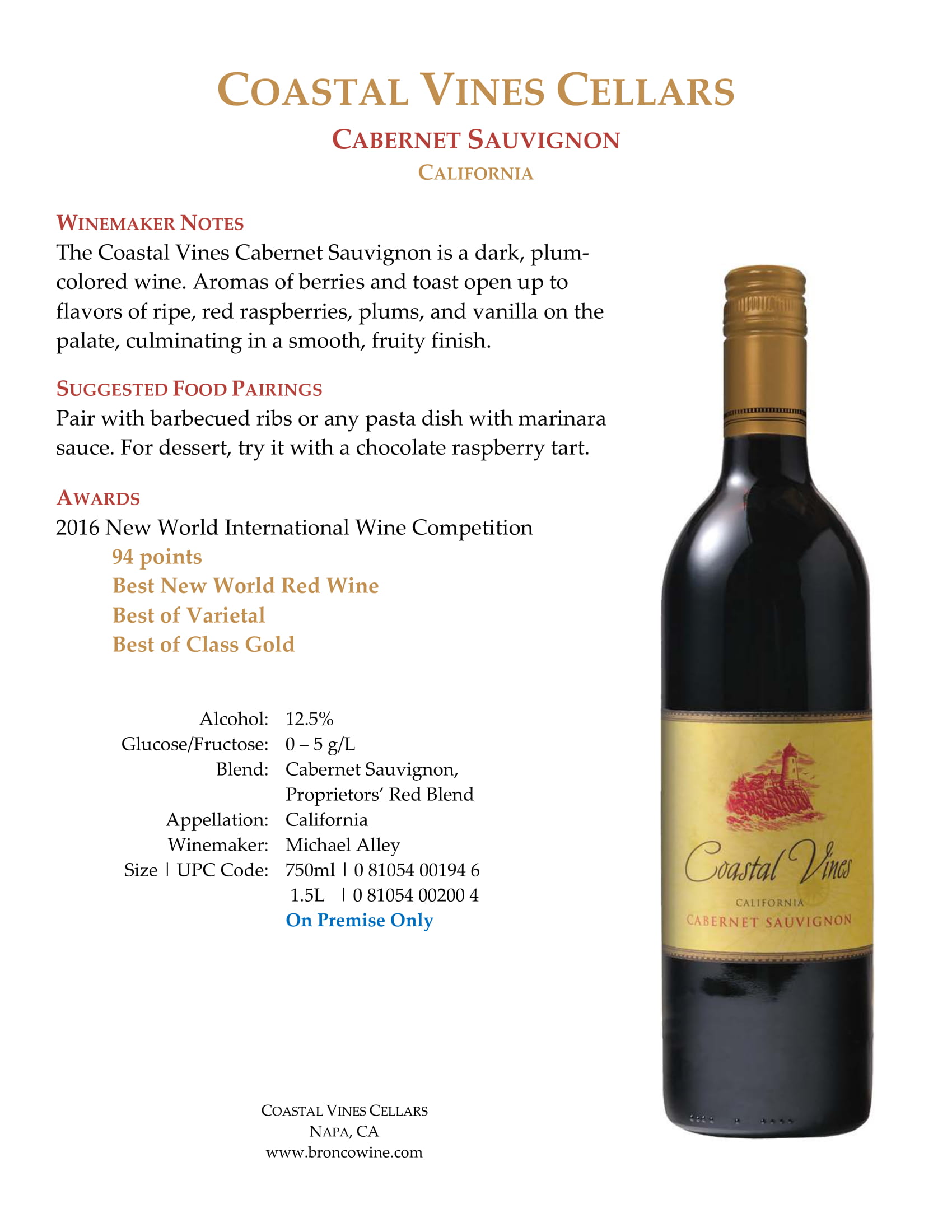 Coastal Vines Cabernet Sauvignon tech sheet sample