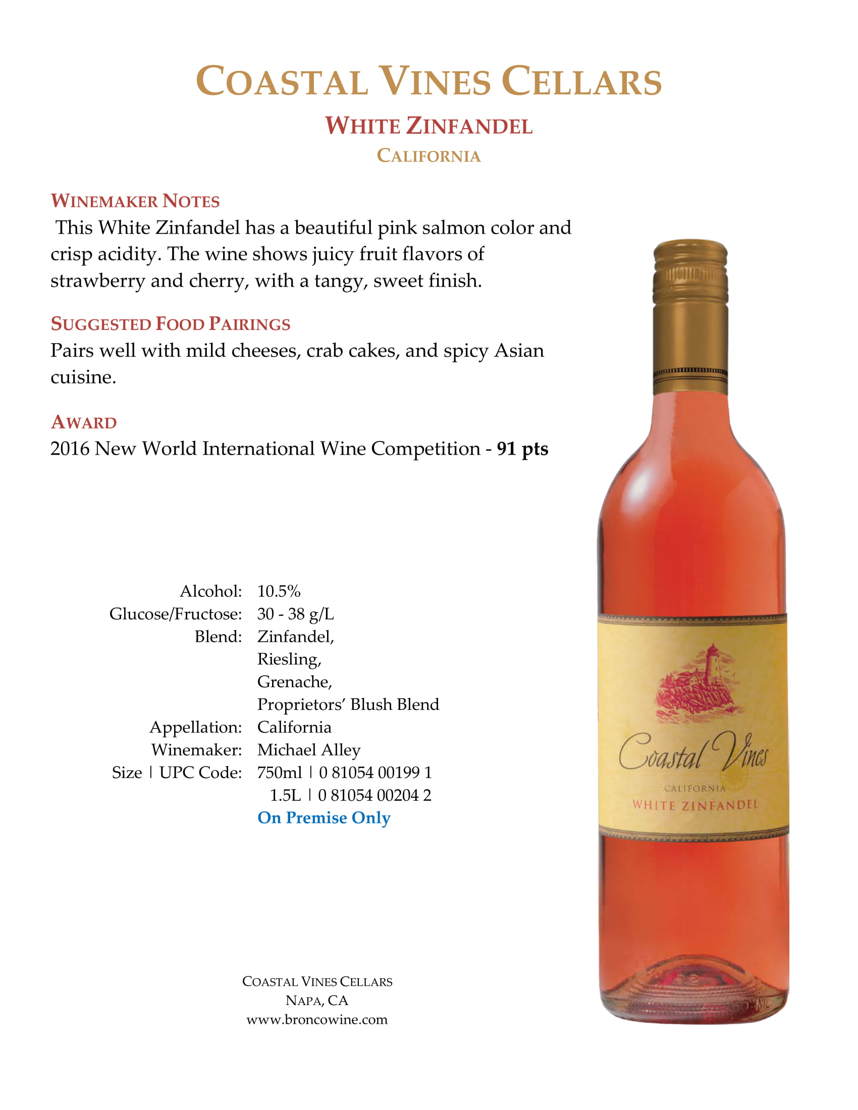 Coastal Vines White Zinfandel tech sheet sample