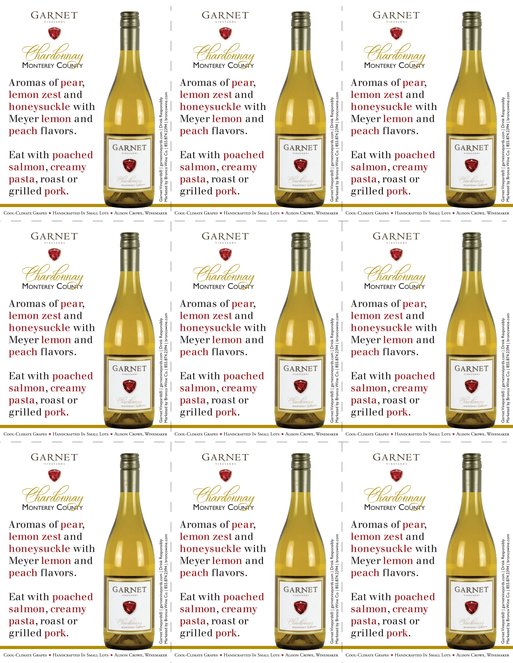 Garnet Vineyards Monterey County Chardonnay shelf talker sample