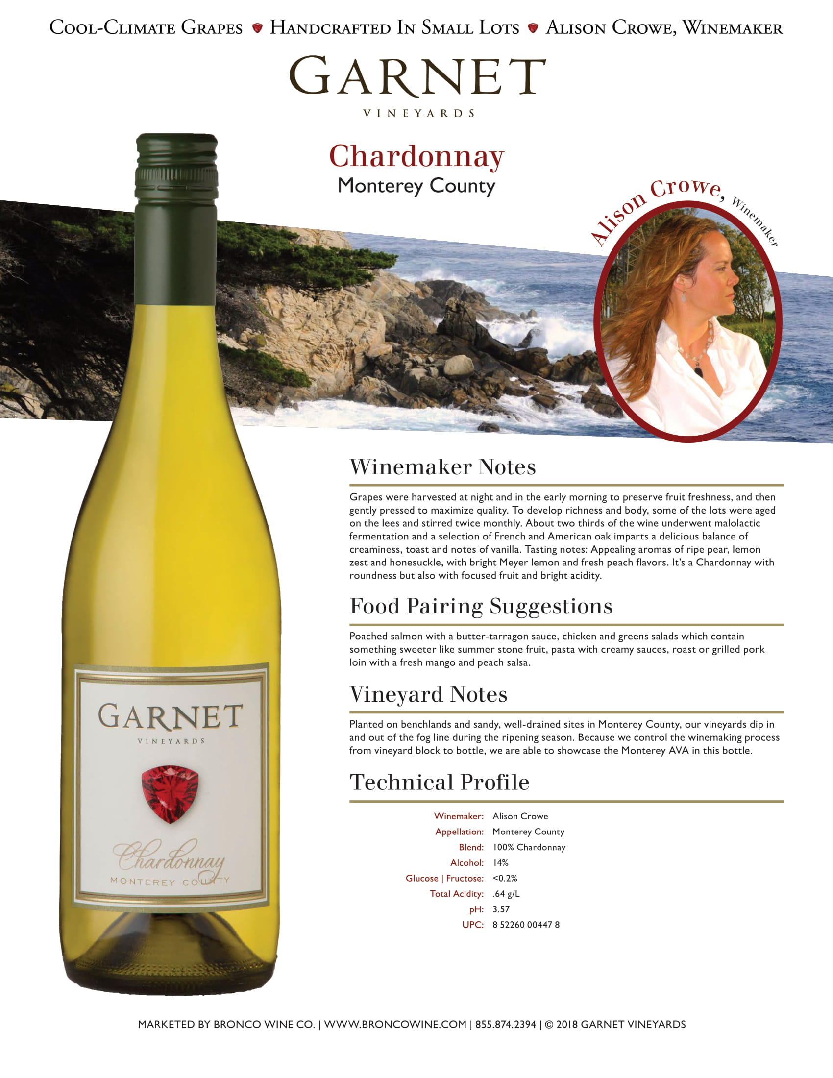 Garnet Vineyards Monterey County Chardonnay tech sheet sample