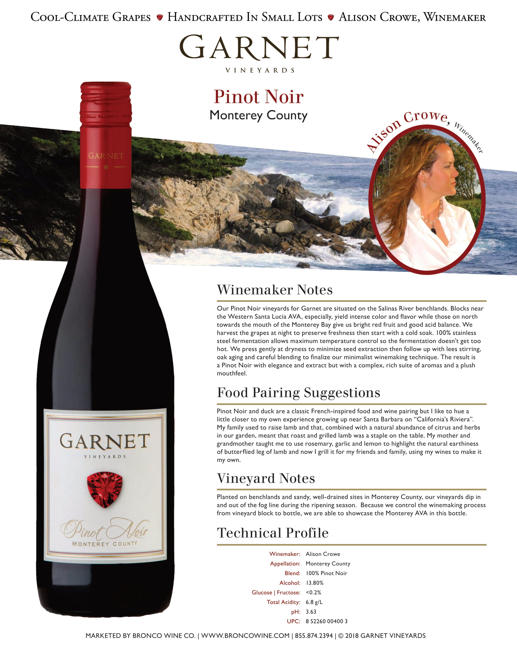 Garnet Vineyards Monterey County Pinot Noir tech sheet sample