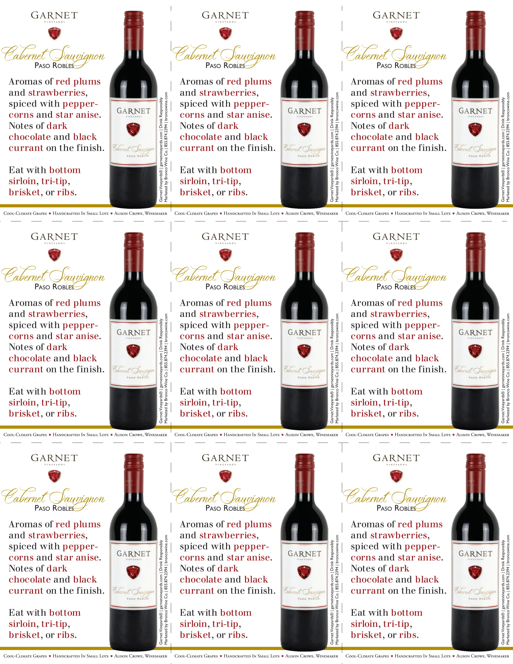 Garnet Vineyards Paso Robles Cabernet Sauvignon shelf talker sample