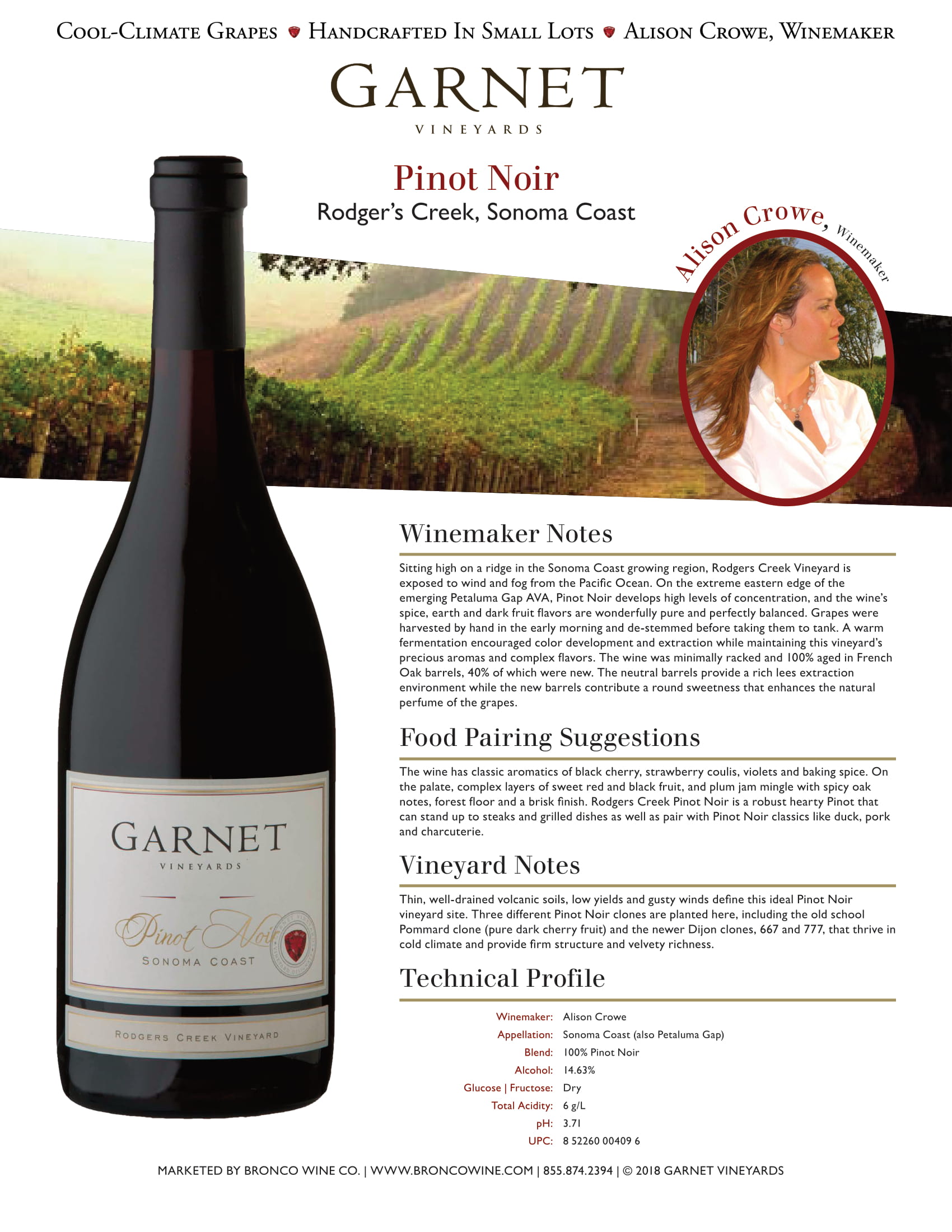 Garnet Vineyards Rodger's Creek Pinot Noir tech sheet sample