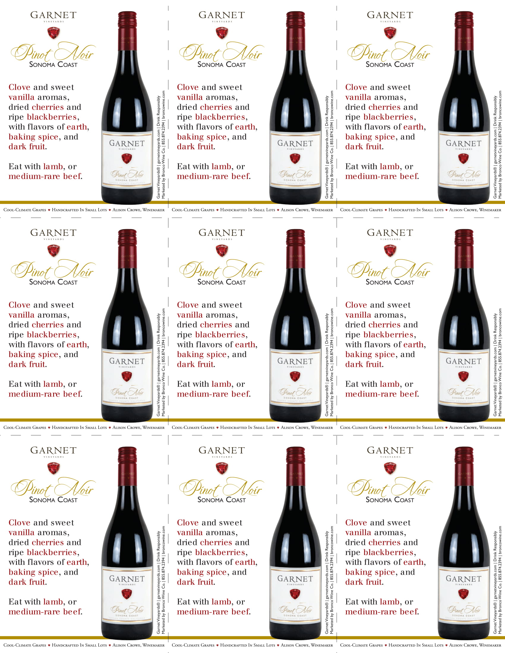 Garnet Vineyards Sonoma Coast Pinot Noir shelf talker sample