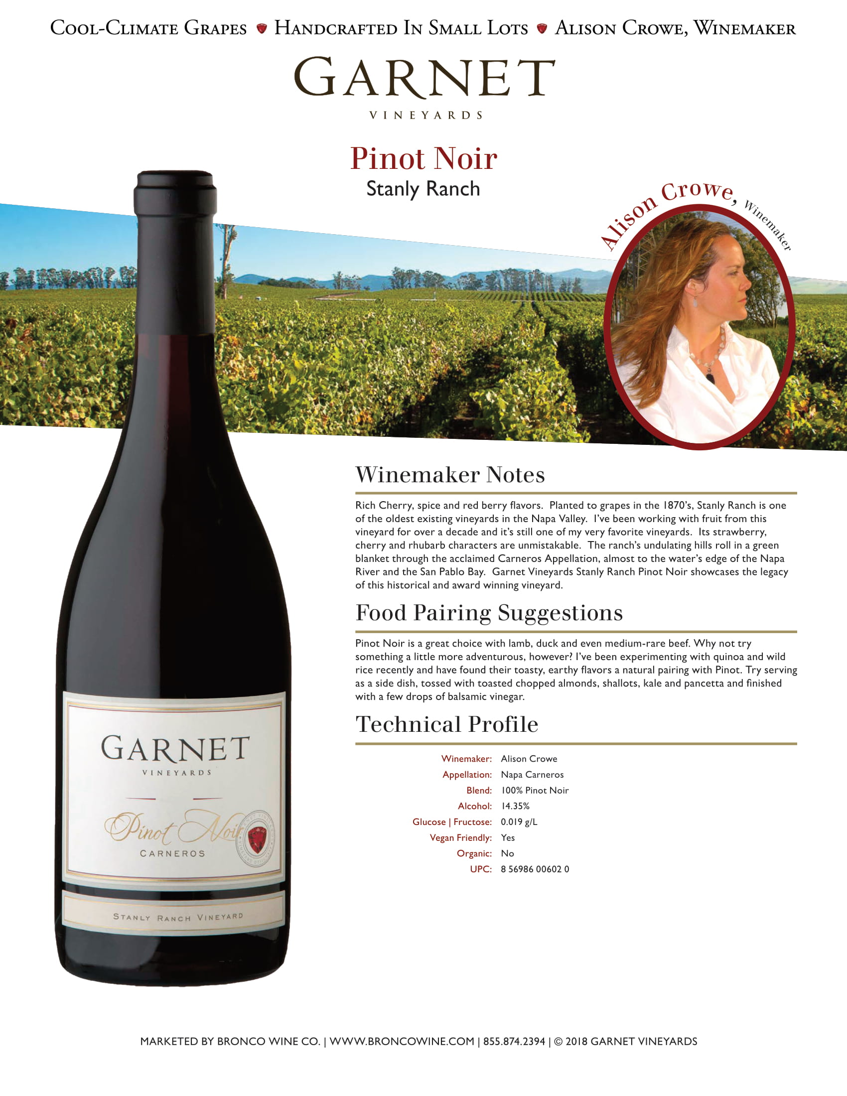 Garnet Vineyards Stanly Ranch Pinot Noir tech sheet sample