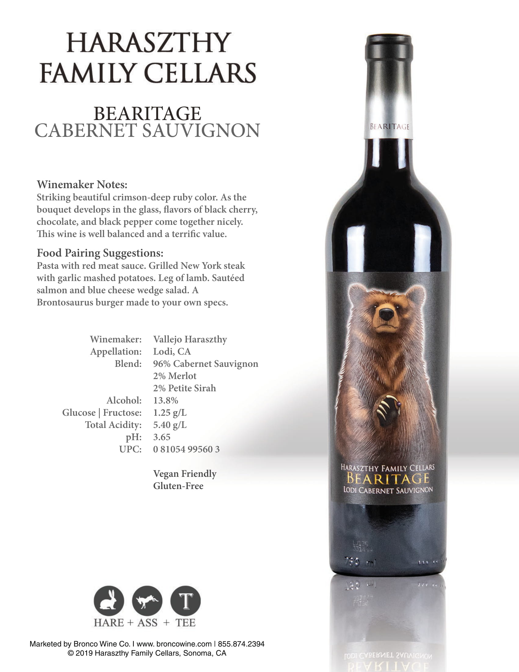 Haraszthy Family Cellars Bearitage Cabernet Sauvignon tech sheet sample