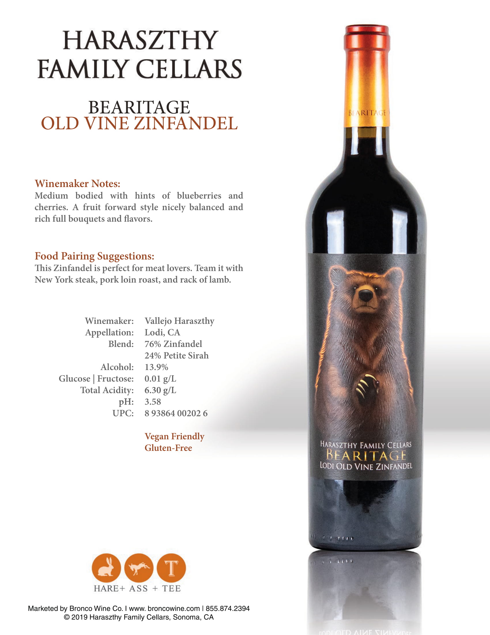 Haraszthy Family Cellars Bearitage Old Vine Zinfandel tech sheet sample