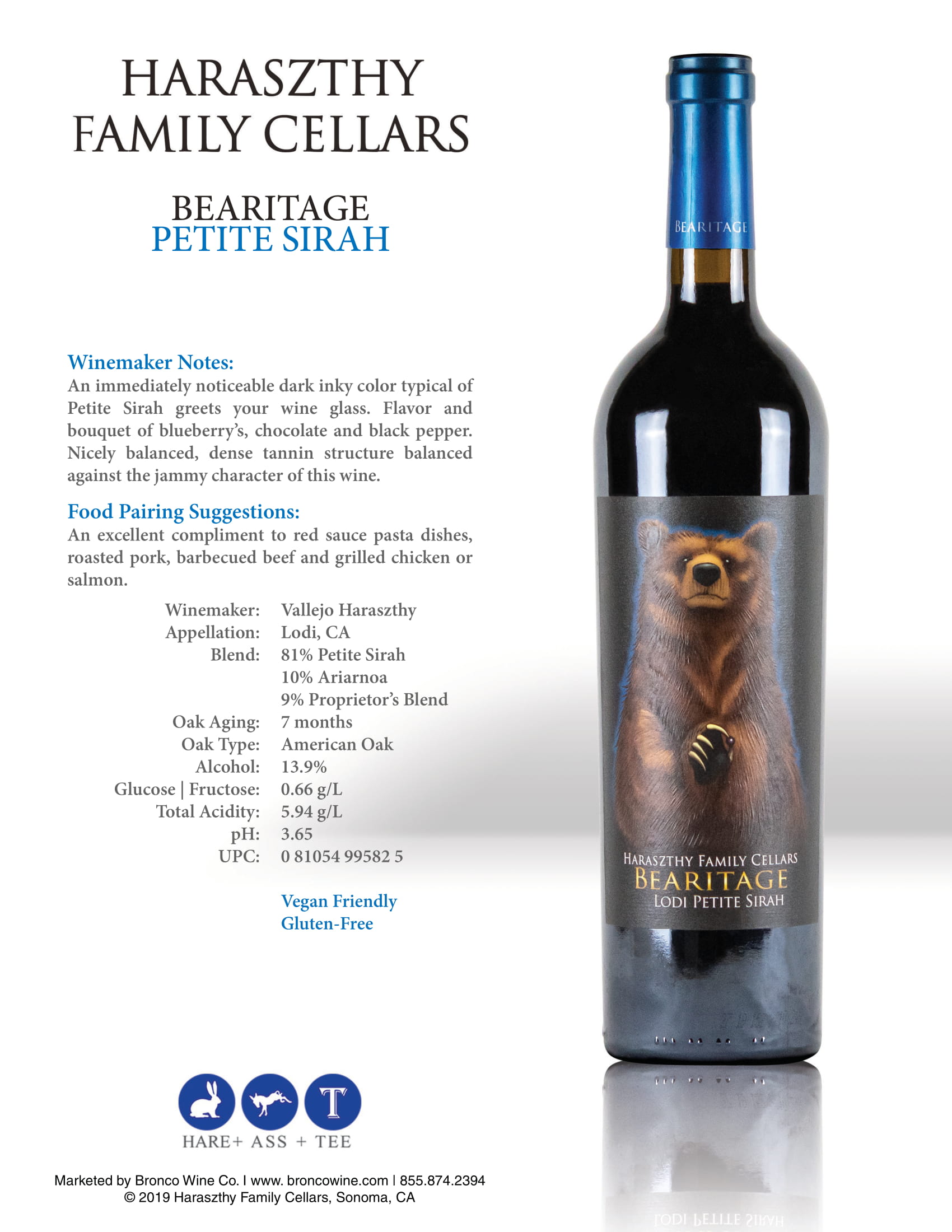 Haraszthy Family Cellars Bearitage Petite Sirah tech sheet sample