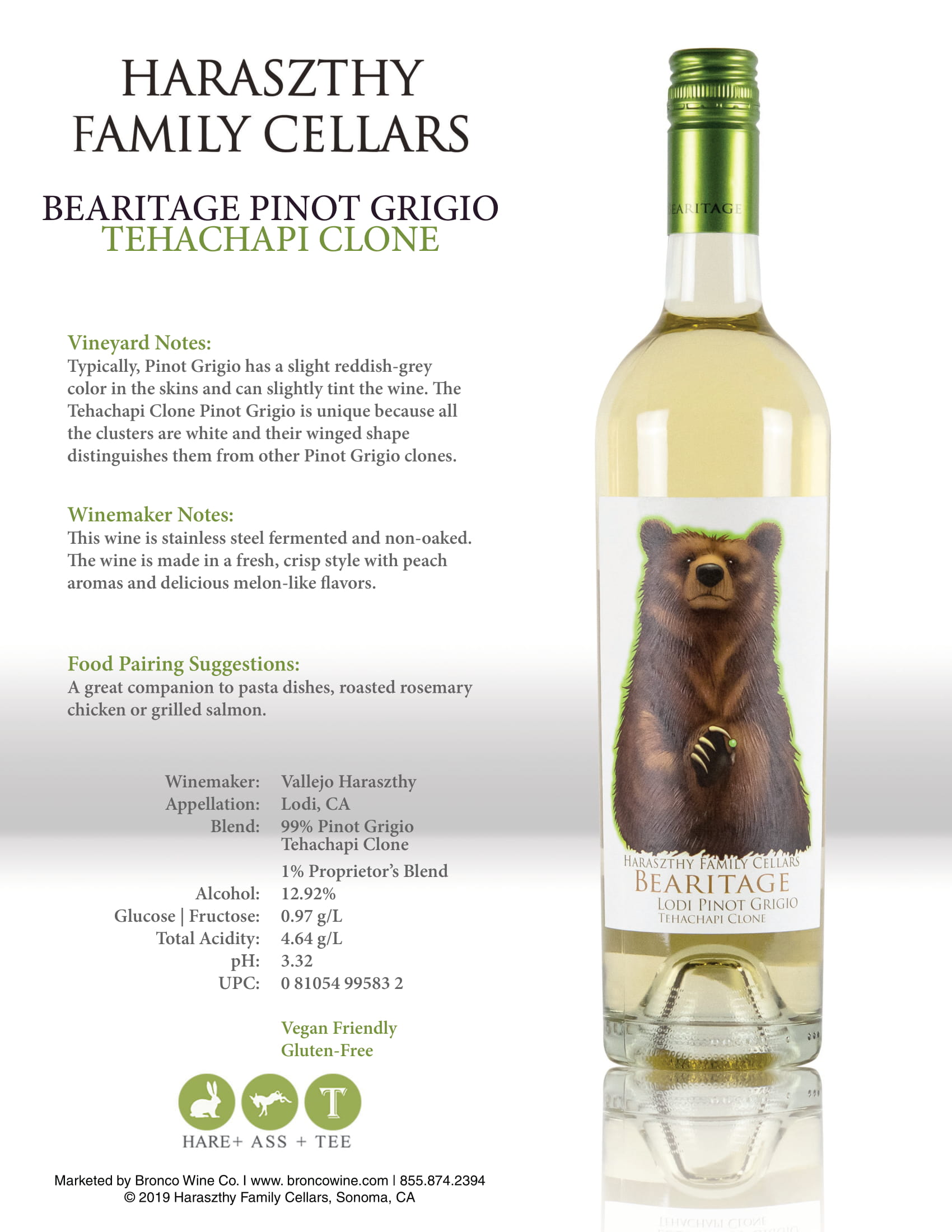 Haraszthy Family Cellars Bearitage Pinot Grigio tech sheet sample