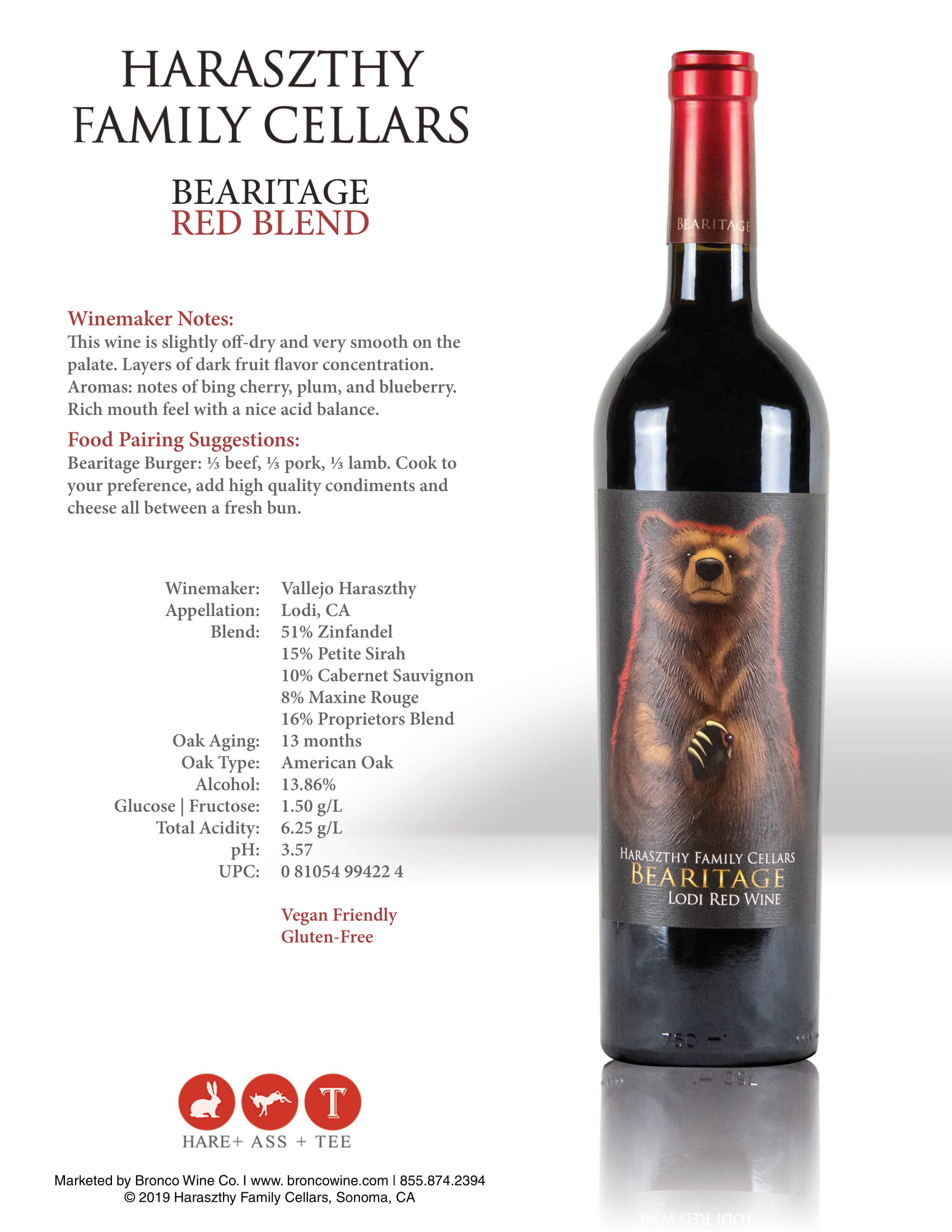 Haraszthy Family Cellars Bearitage Red Wine tech sheet sample