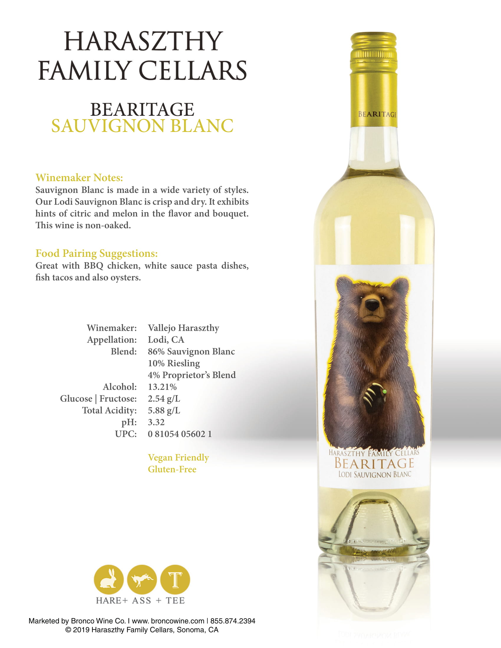 Haraszthy Family Cellars Bearitage Sauvignon Blanc tech sheet sample