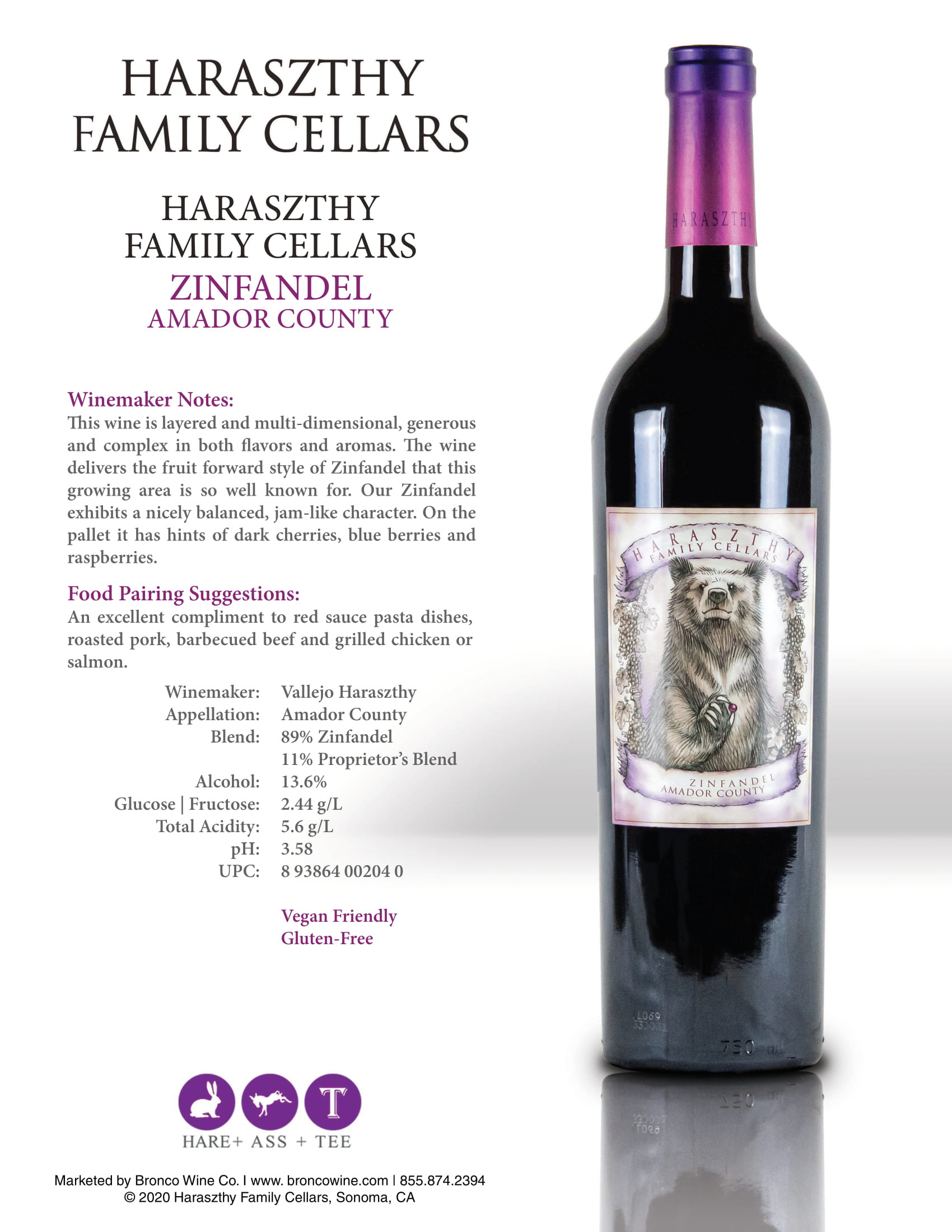 Haraszthy Family Cellars Amador Zinfandel tech sheet sample