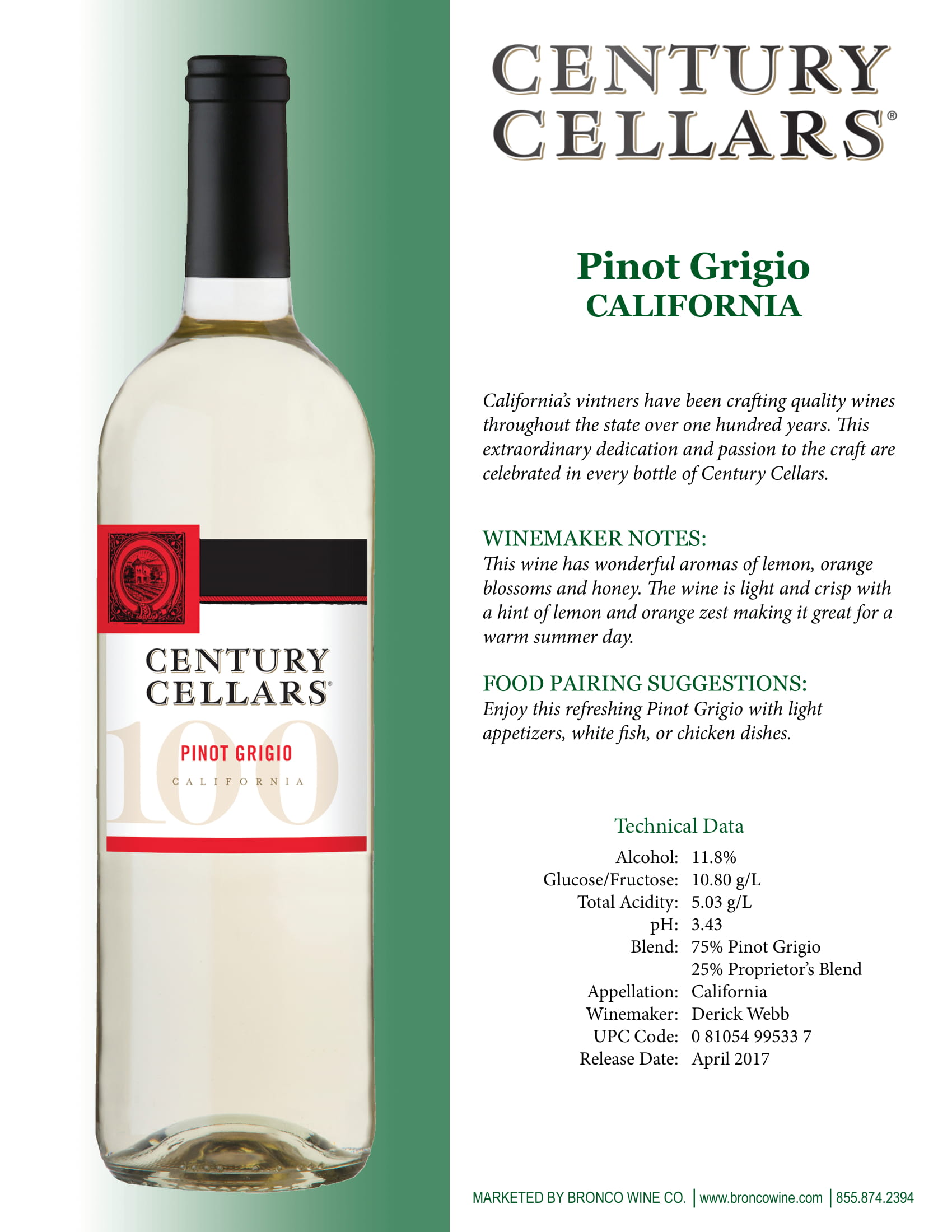 Century Cellars Pinot Grigio tech sheet sample