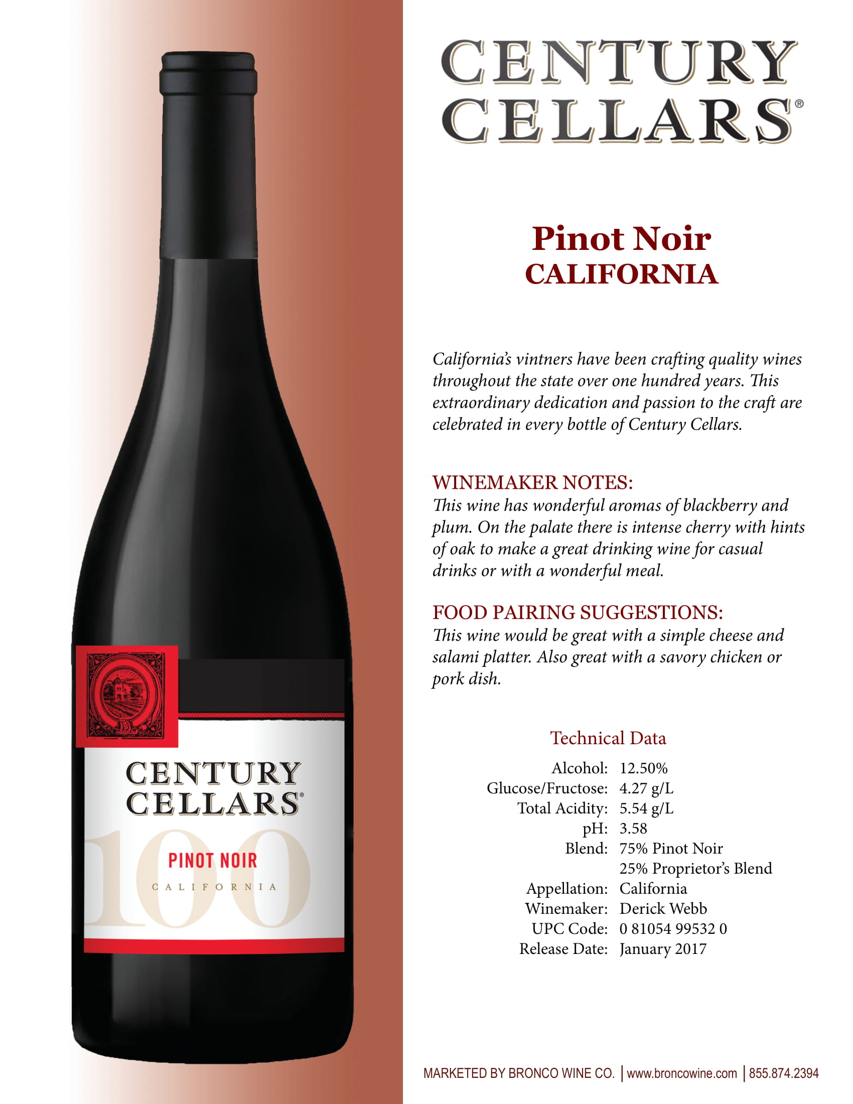 Century Cellars Pinot Noir tech sheet sample