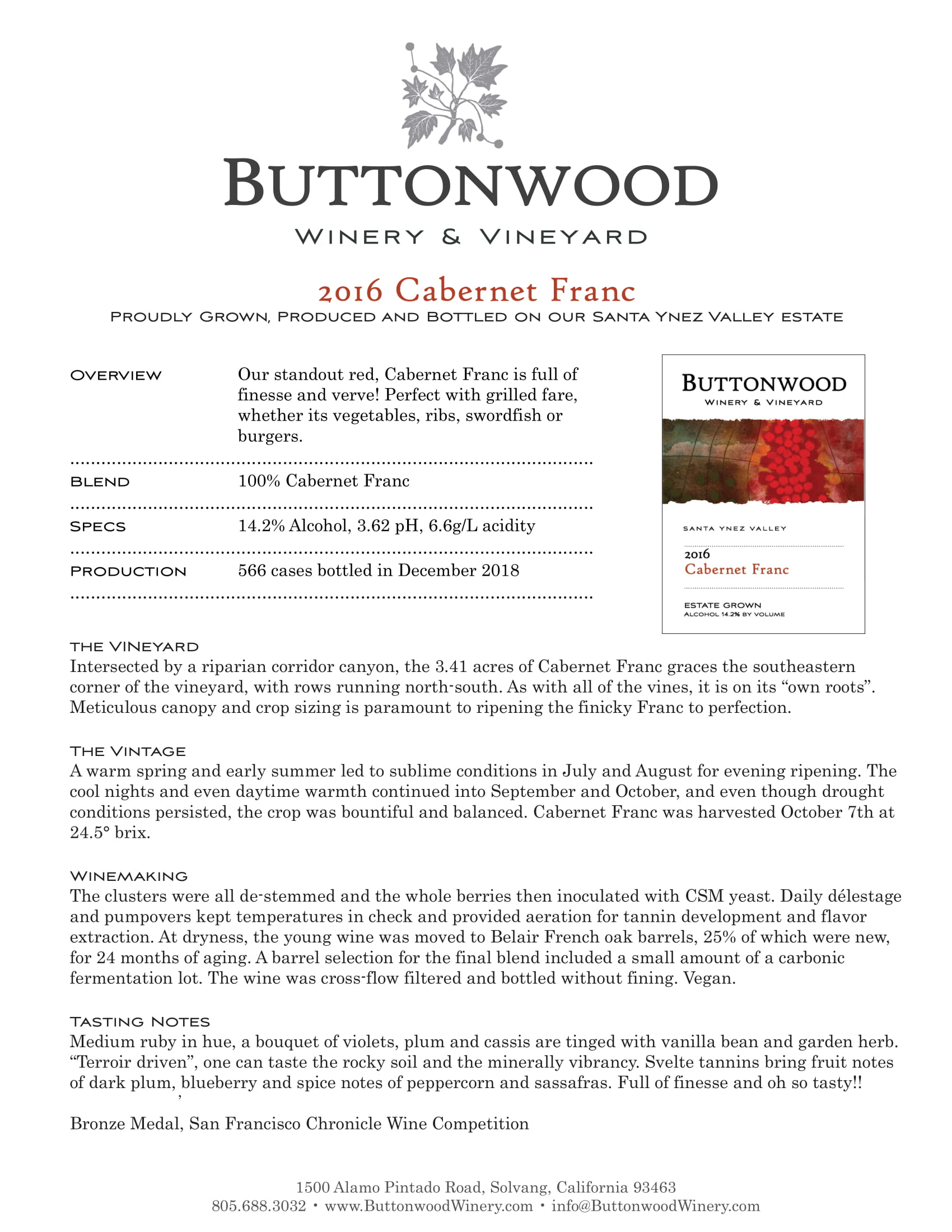 Buttonwood wine brand Cabernet Franc tech sheet sample