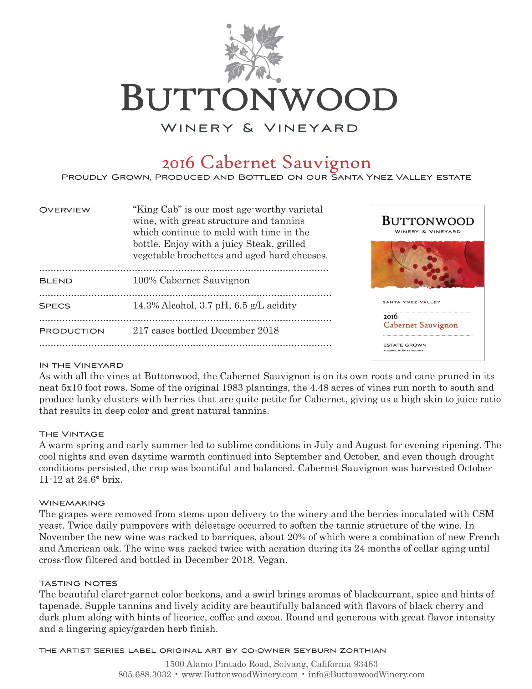 Buttonwood wine brand Cabernet Sauvignon tech sheet sample