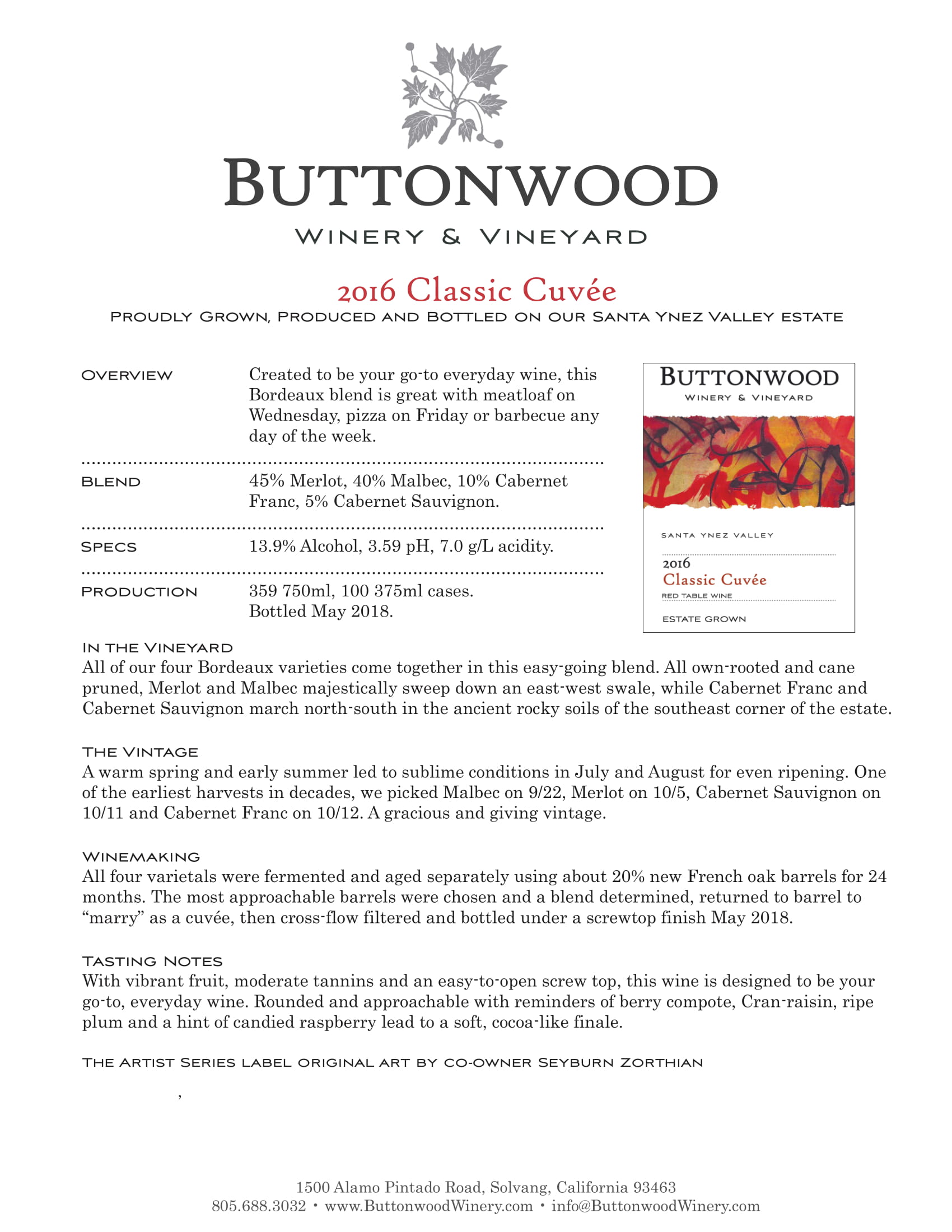 Buttonwood wine brand Classic Cuvée tech sheet sample