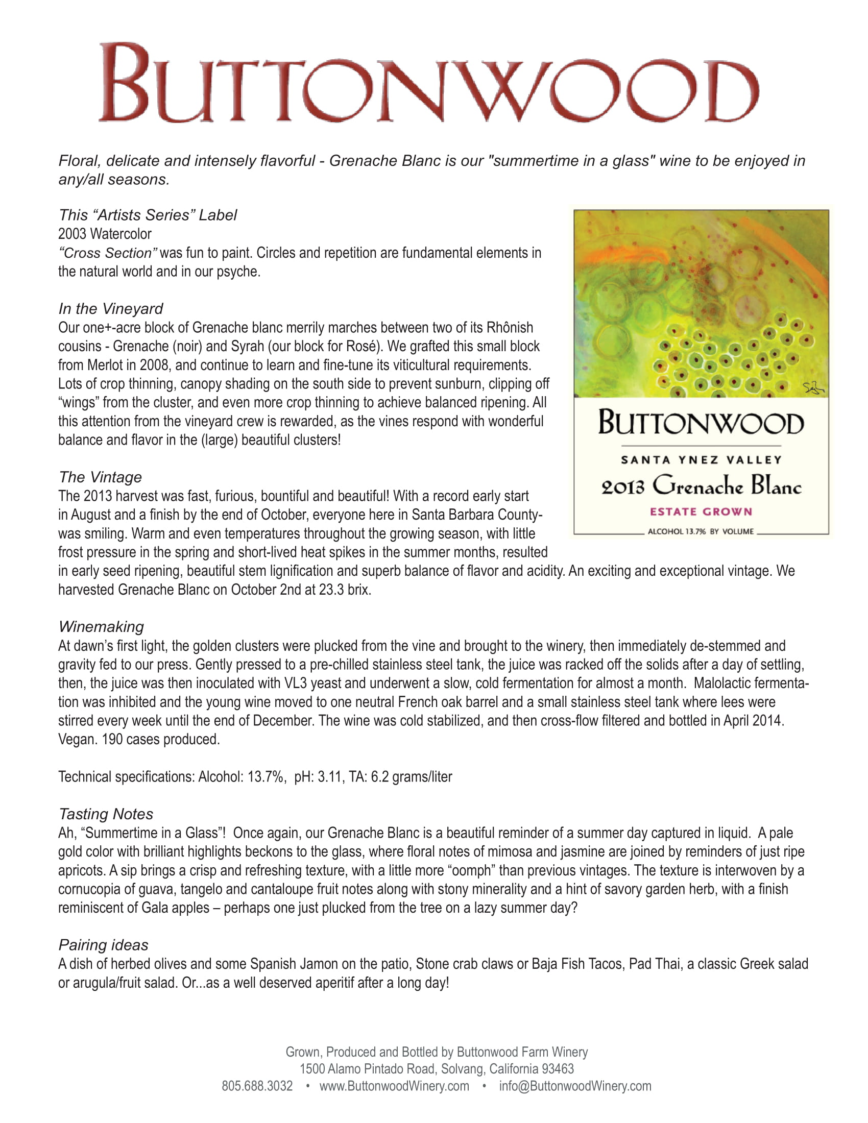 Buttonwood wine brand Grenache Blanc tech sheet sample