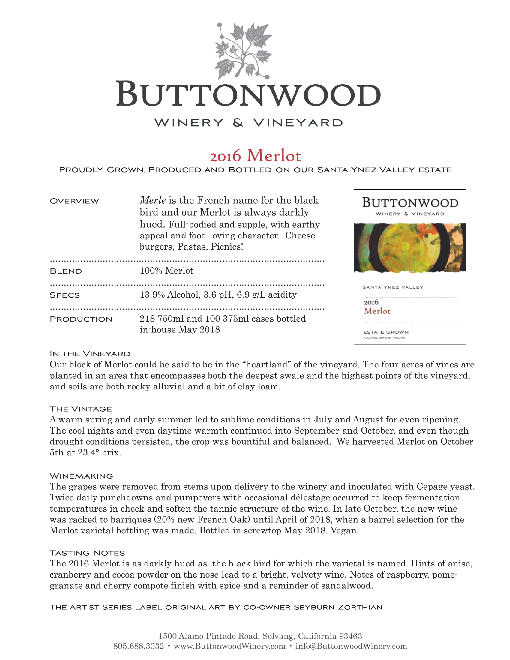 Buttonwood wine brand Merlot tech sheet sample