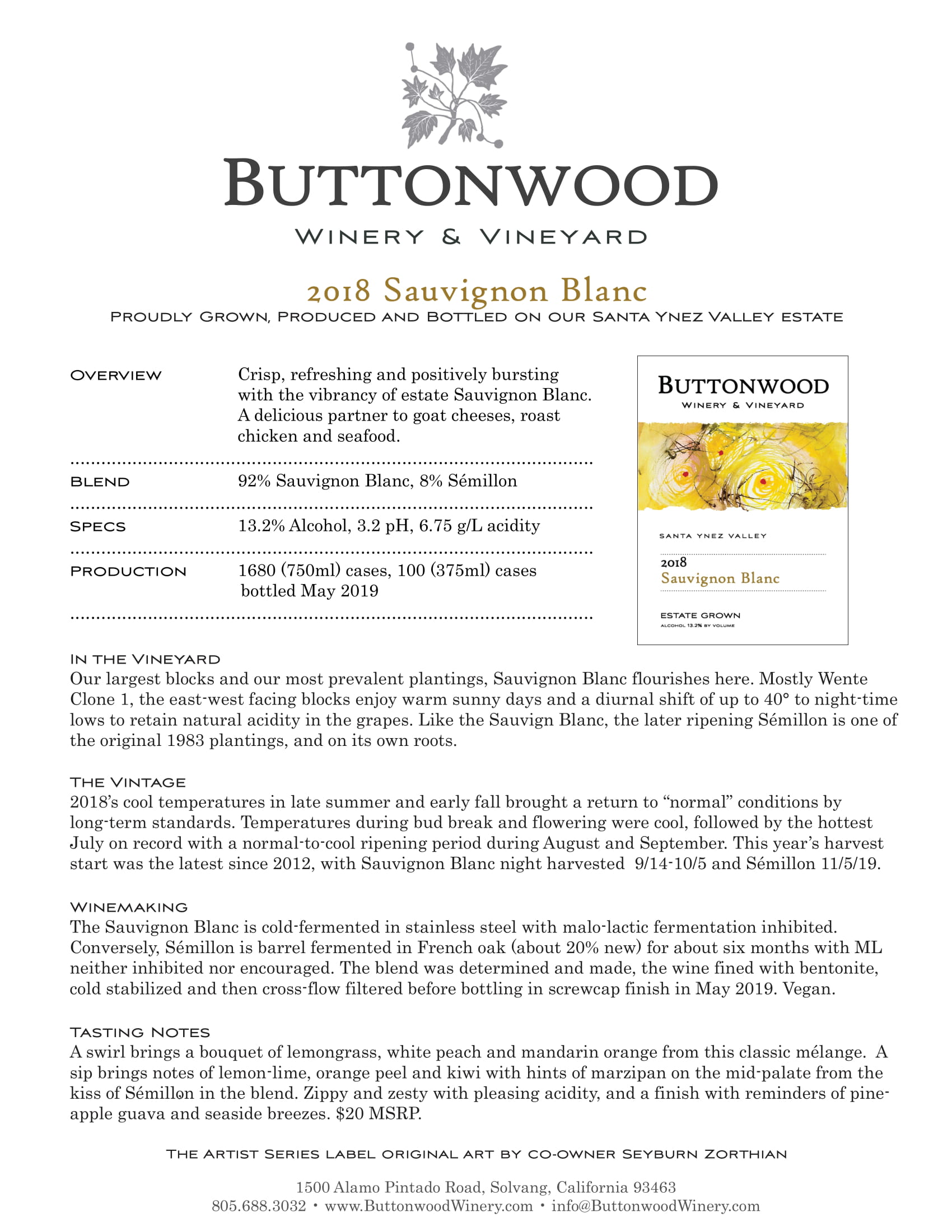 Buttonwood wine brand Sauvignon Blanc tech sheet sample