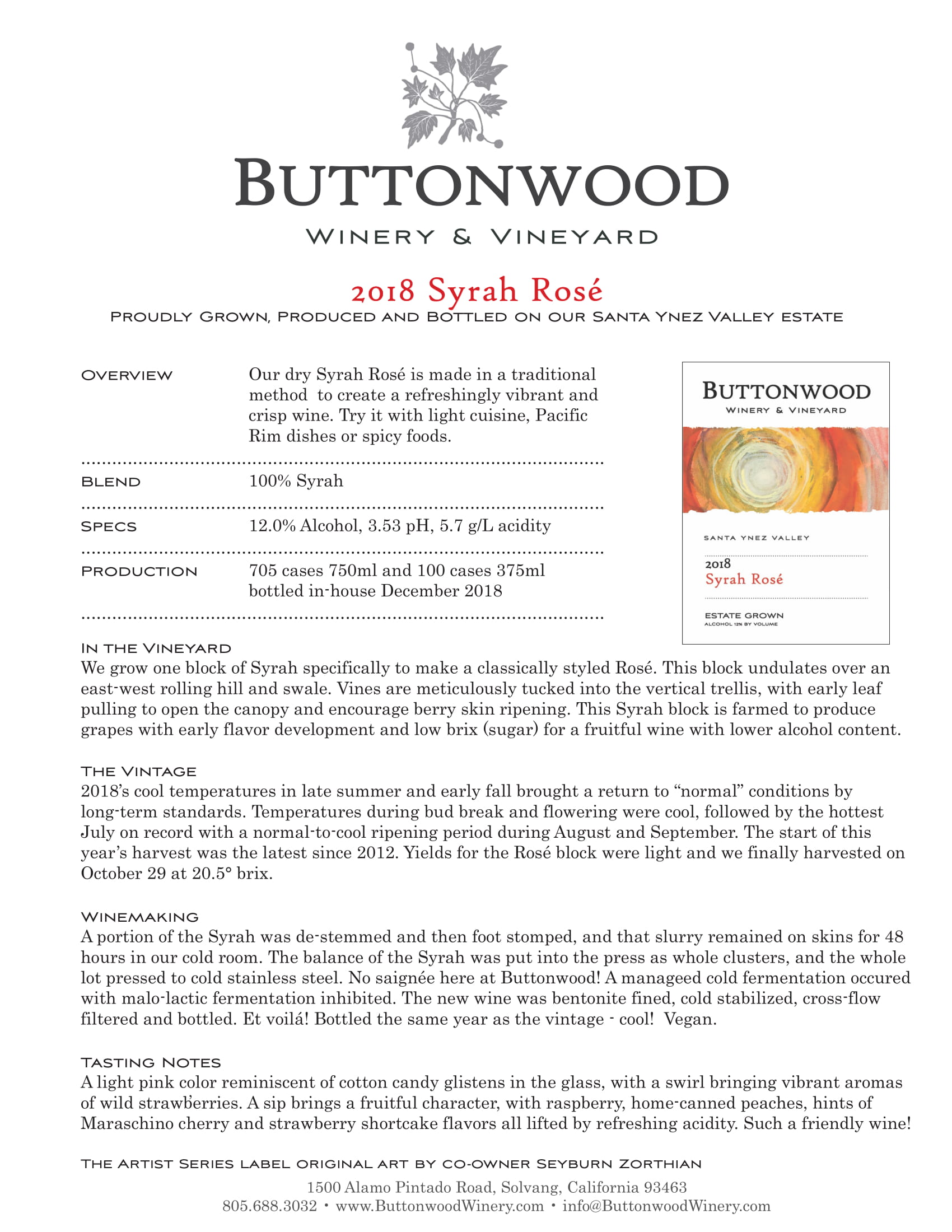 Buttonwood wine brand Syrah Rosé blend tech sheet sample