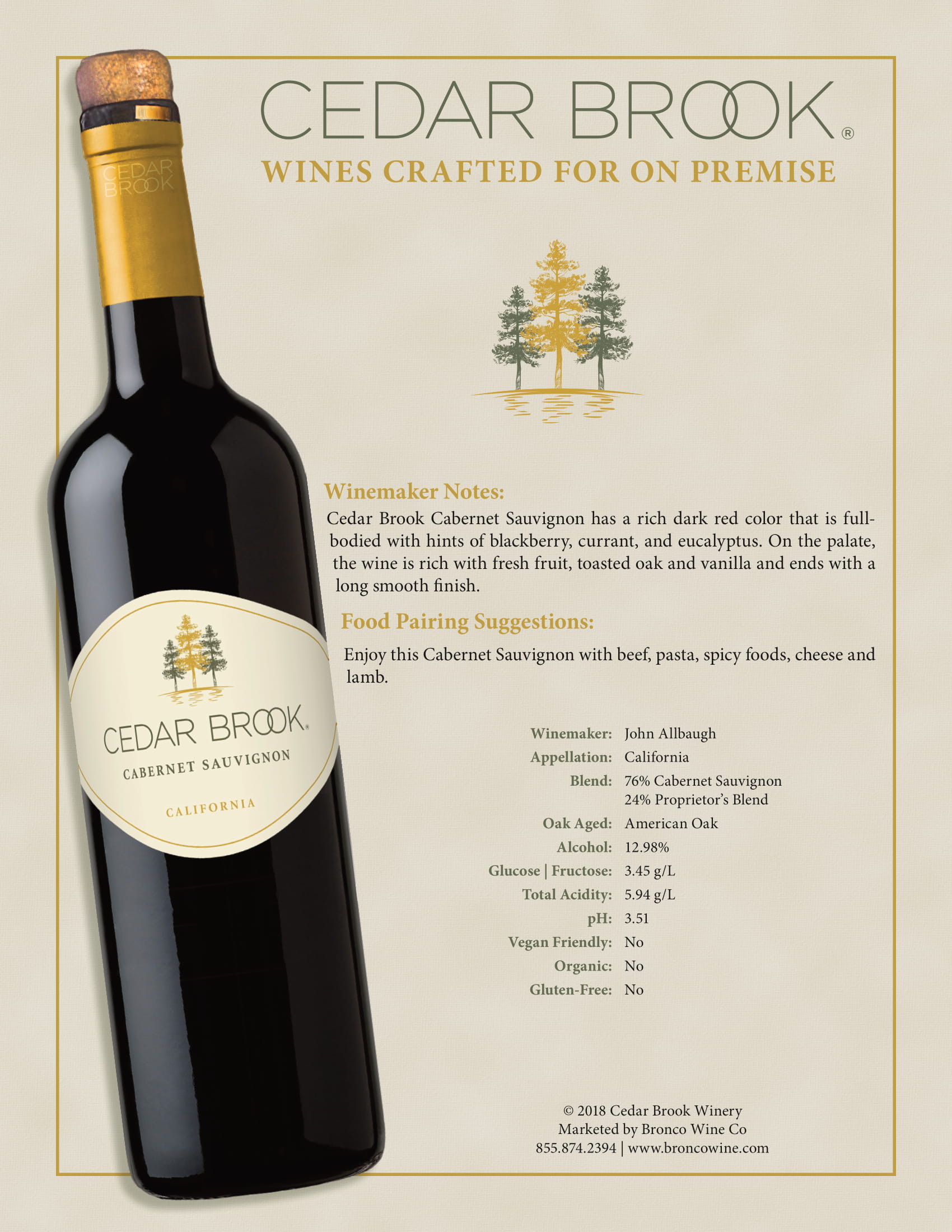 Cedar Brook wine brand Cabernet Sauvignon tech sheet sample