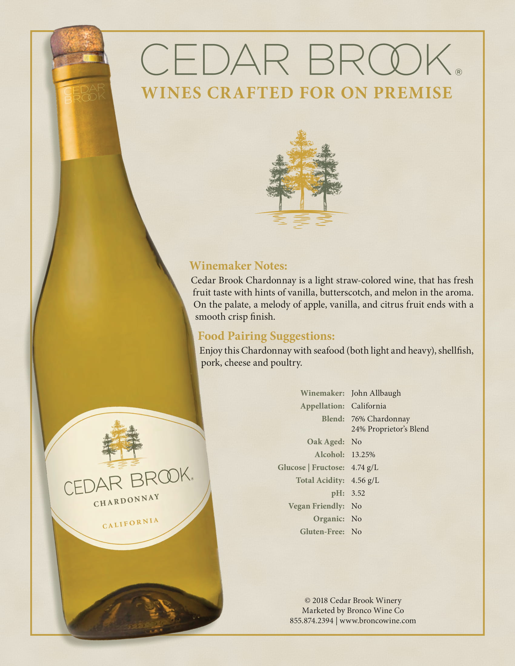 Cedar Brook wine brand Chardonnay tech sheet sample