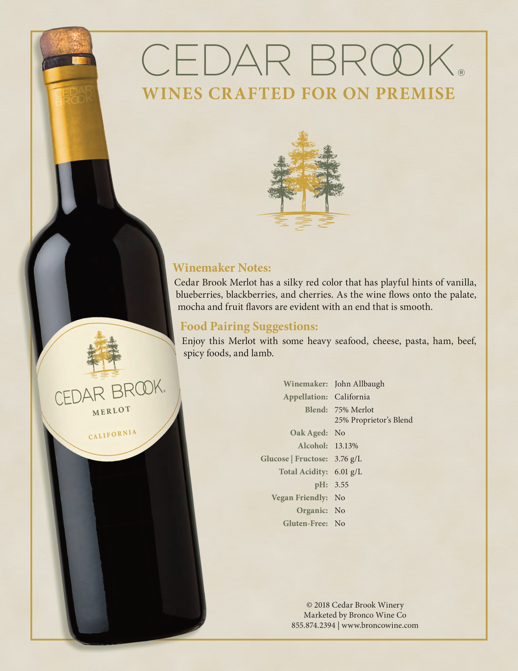 Cedar Brook wine brand Merlot tech sheet sample
