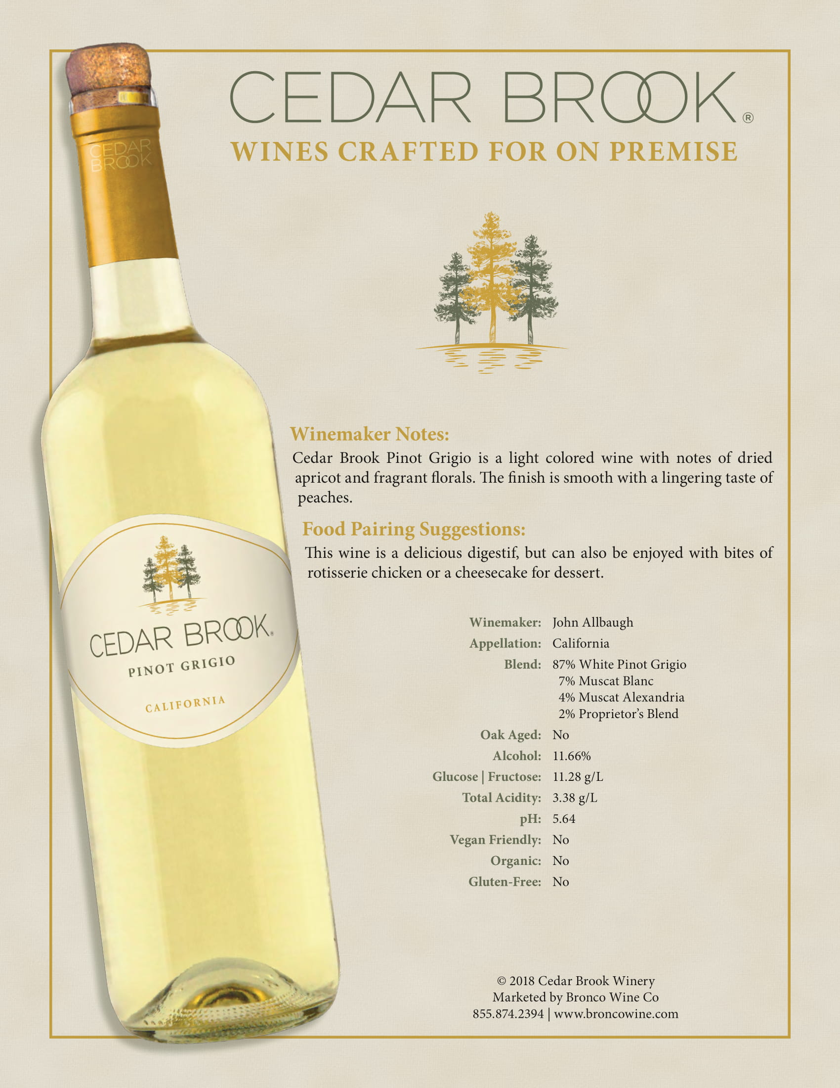 Cedar Brook wine brand Pinot Grigio tech sheet sample