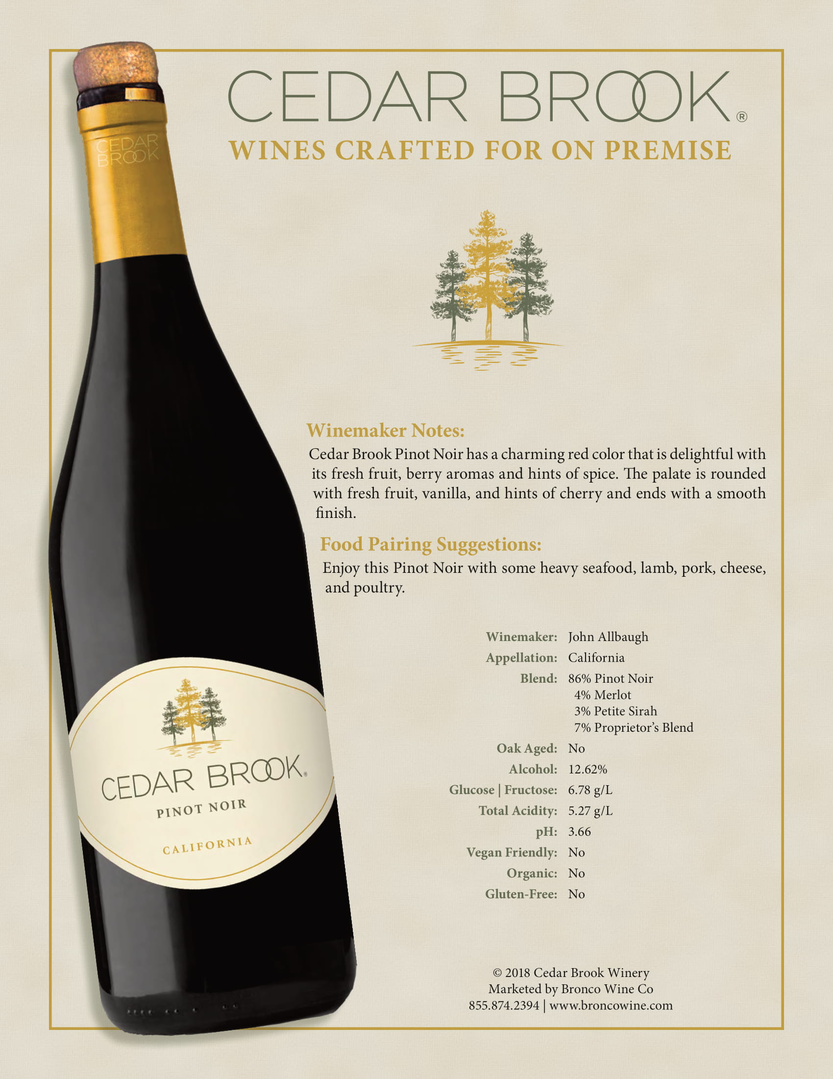 Cedar Brook wine brand Pinot Noir tech sheet sample