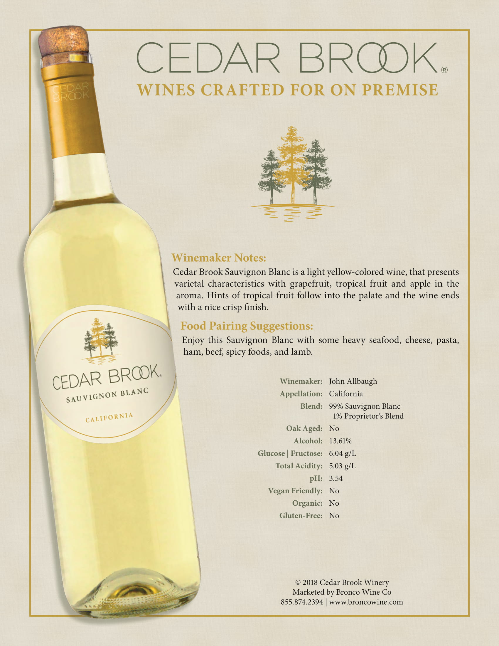 Cedar Brook wine brand Sauvignon Blanc tech sheet sample