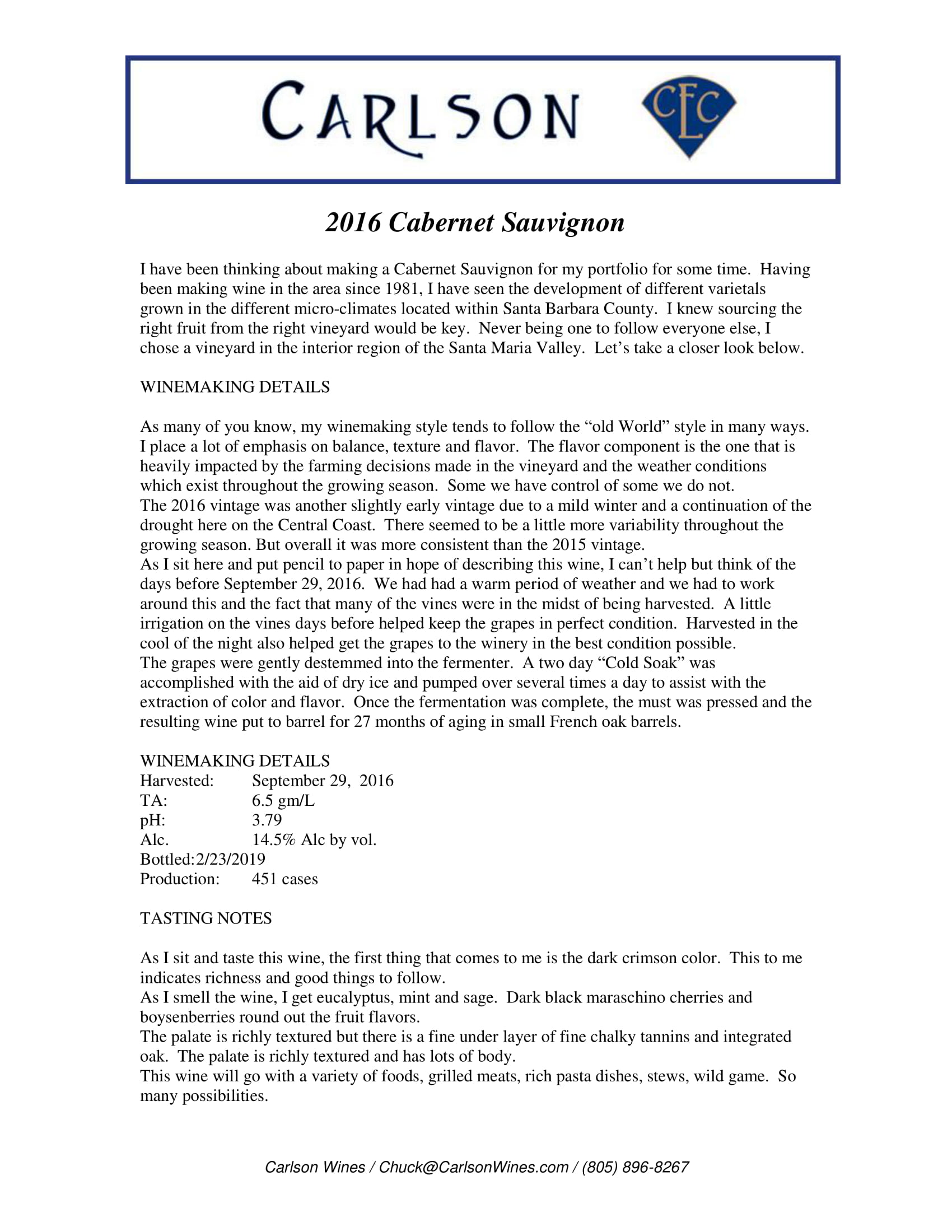 Carlson wine brand Cabernet Sauvignon tech sheet sample
