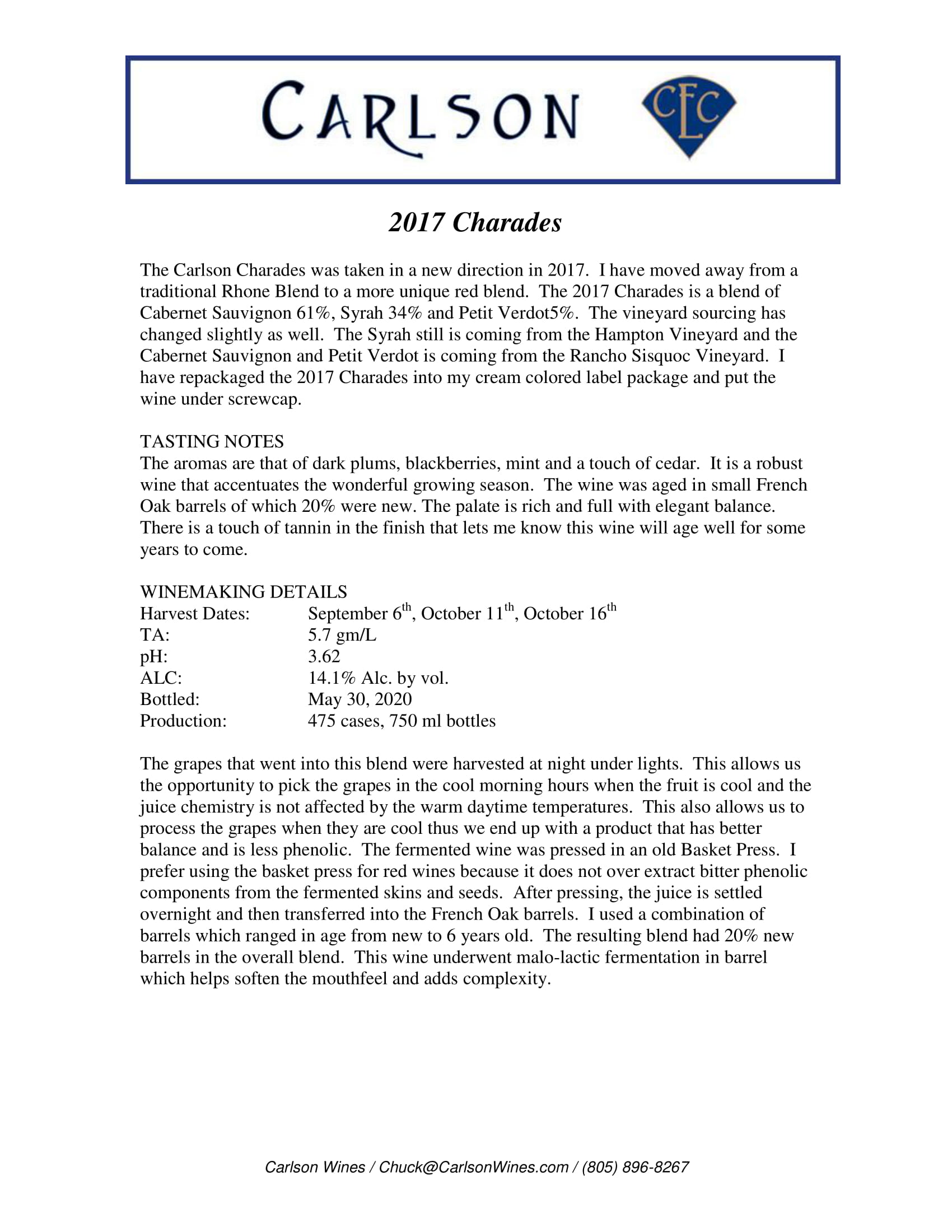 Carlson wine brand Red Wine tech sheet sample