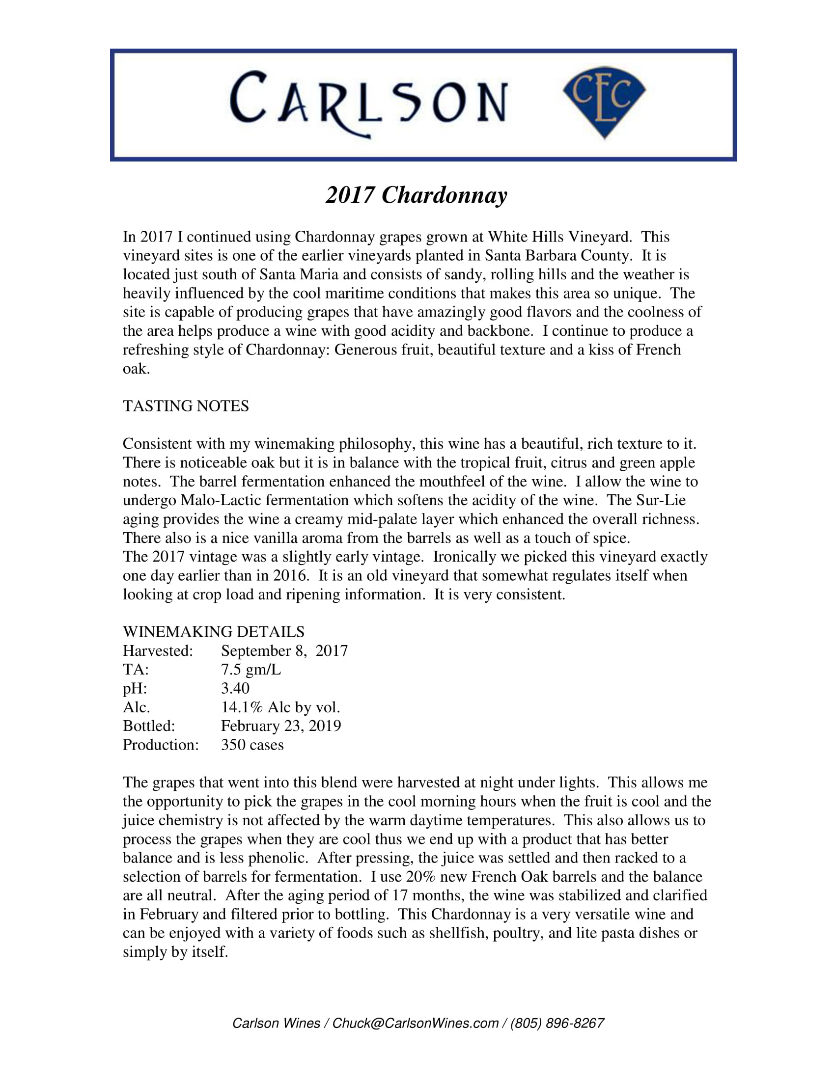 Carlson wine brand Chardonnay tech sheet sample