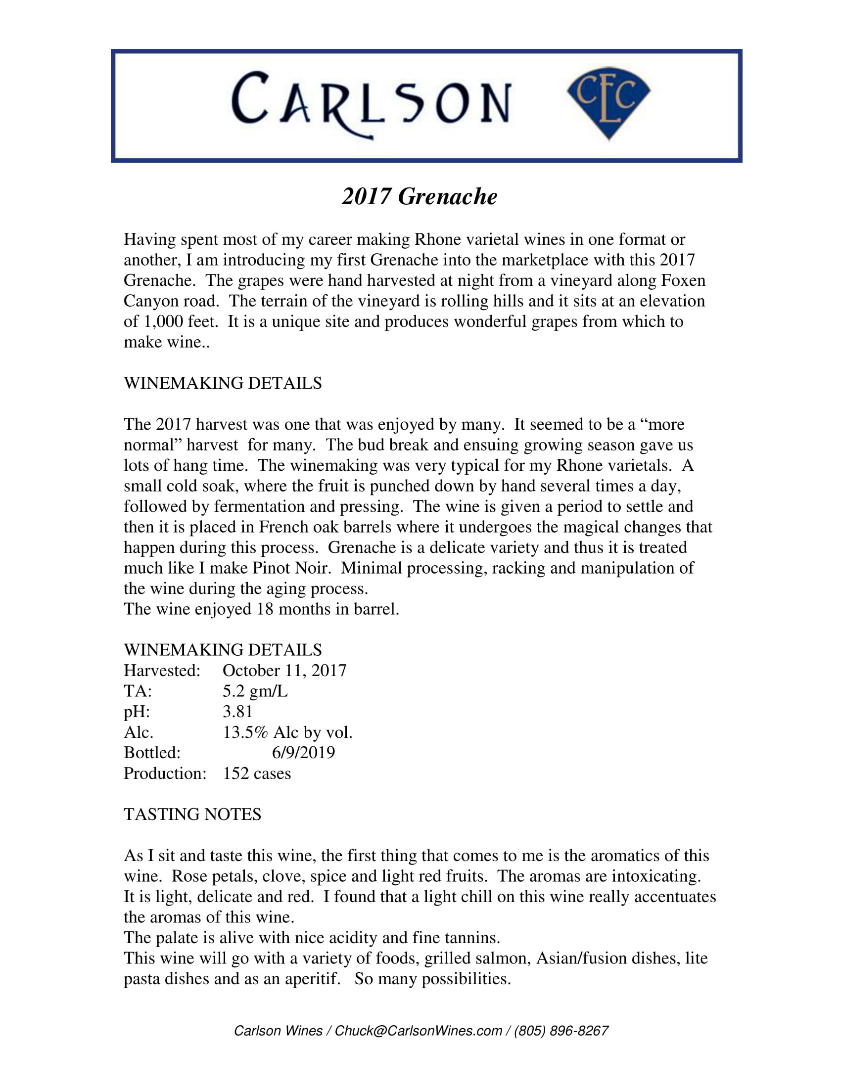 Carlson wine brand Grenache tech sheet sample