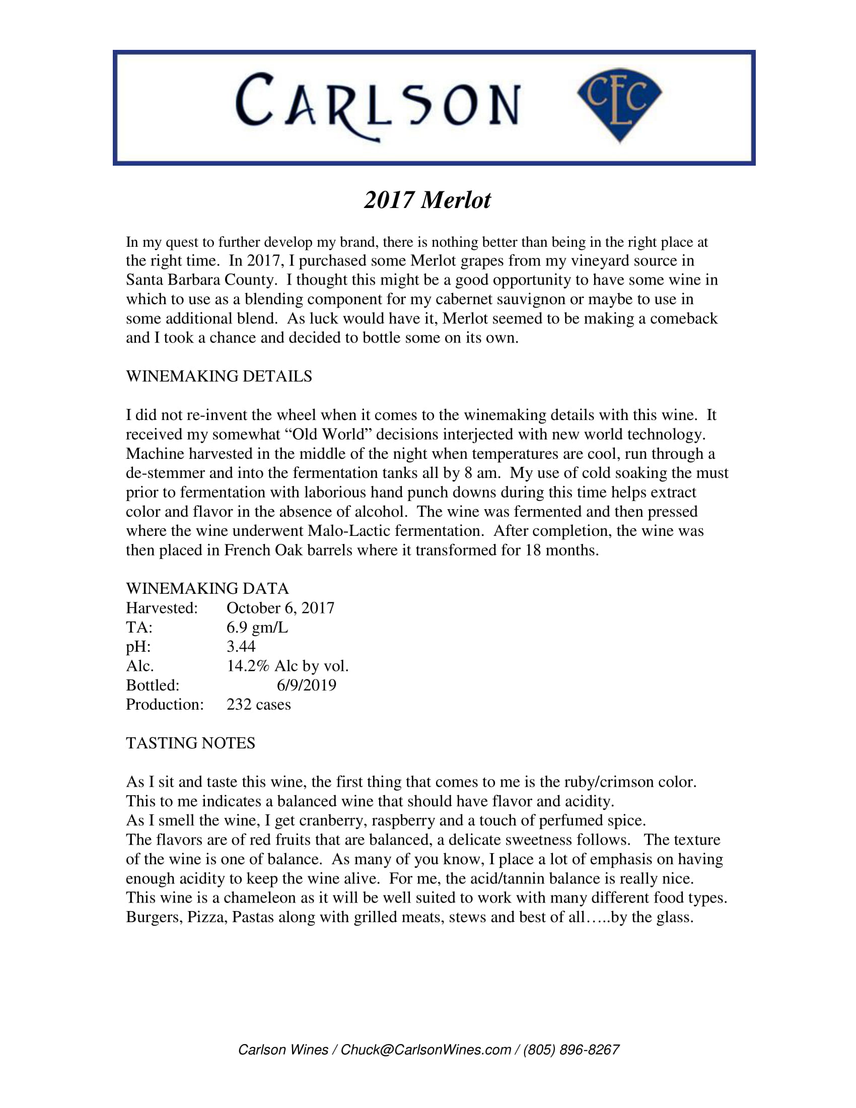 Carlson wine brand Merlot tech sheet sample