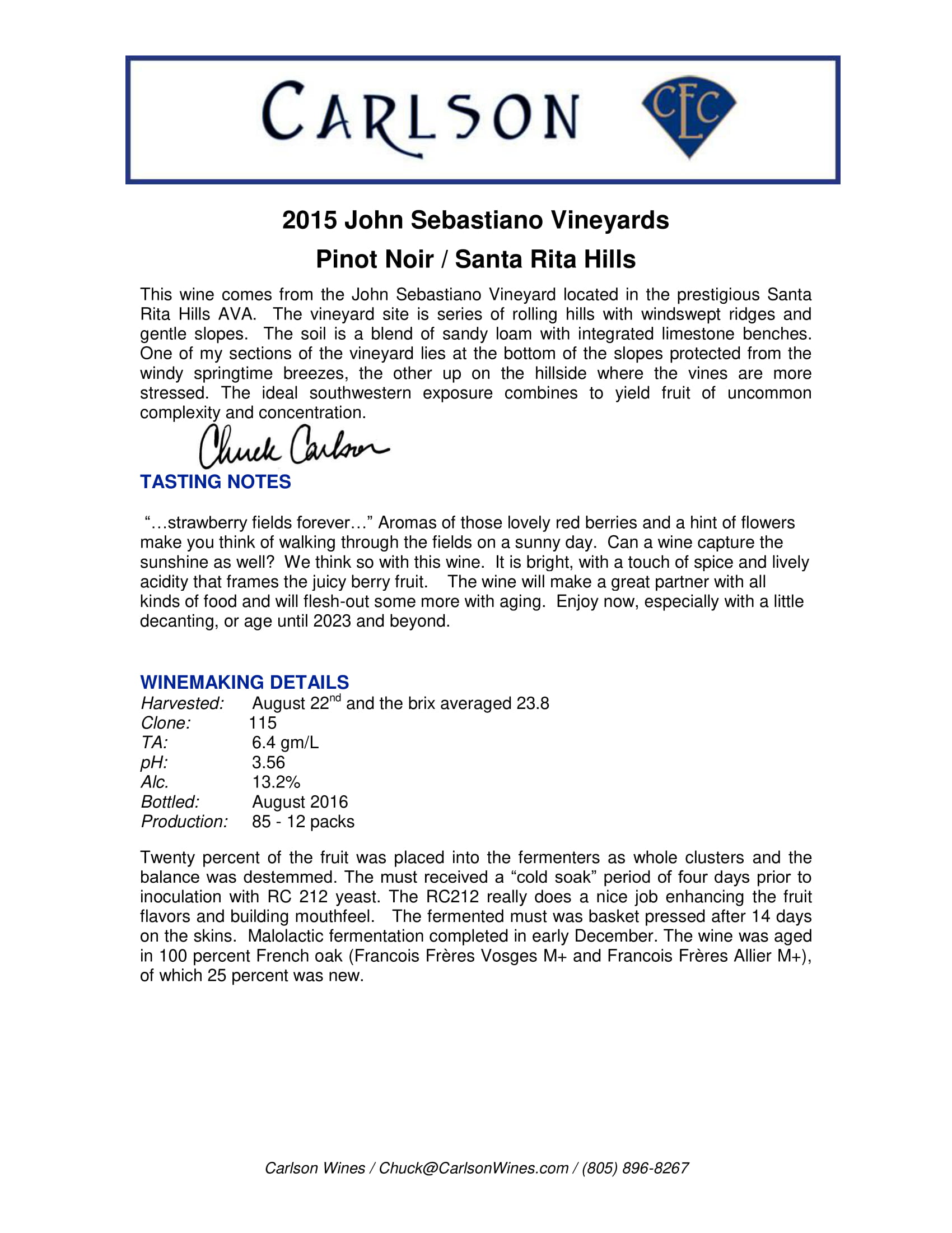 Carlson wine brand Pinot Noir tech sheet sample