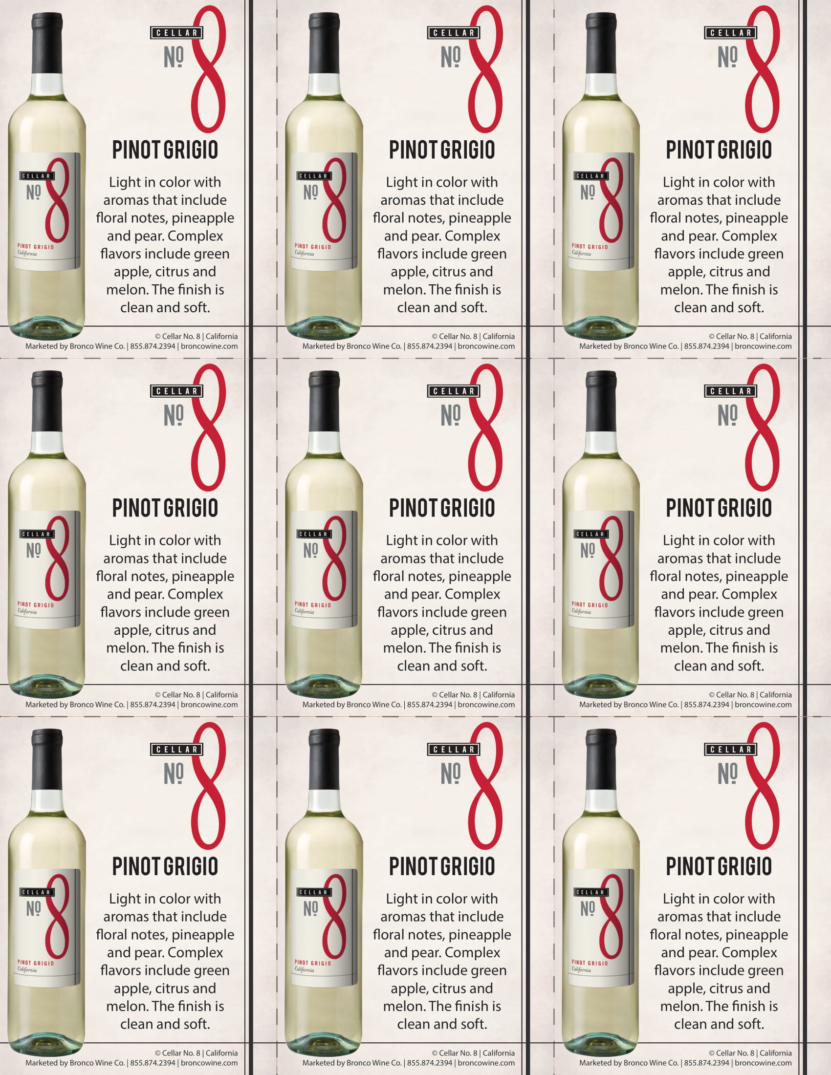 Cellar No 8 Pinot Grigio shelf talker sample