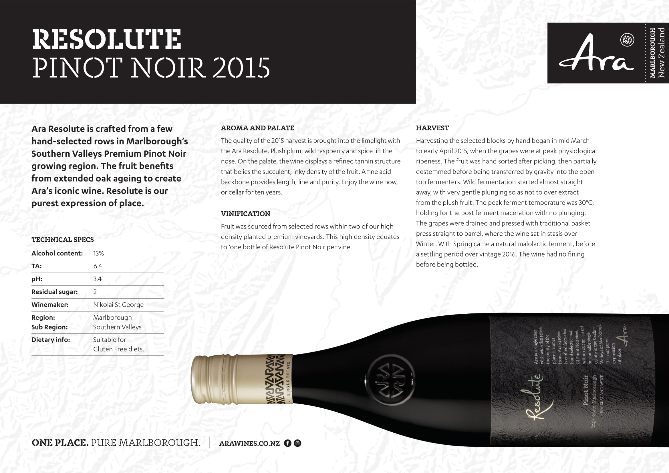 Ara wine brand Resolute Pinot Noir tech sheet sample