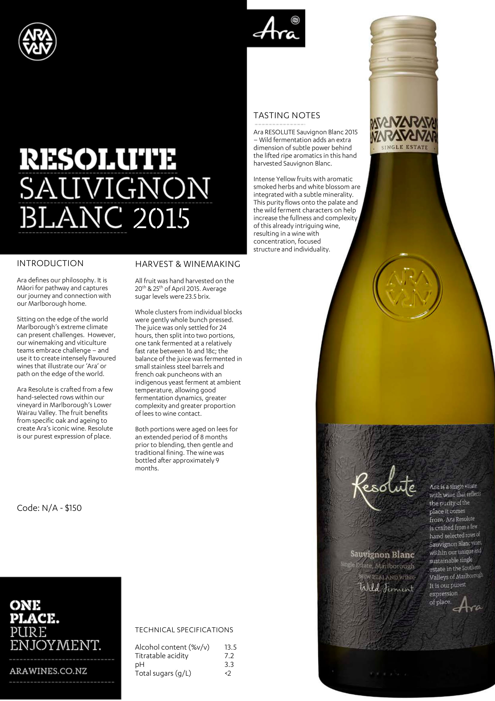 Ara wine brand Resolute Sauvignon Blanc tech sheet sample