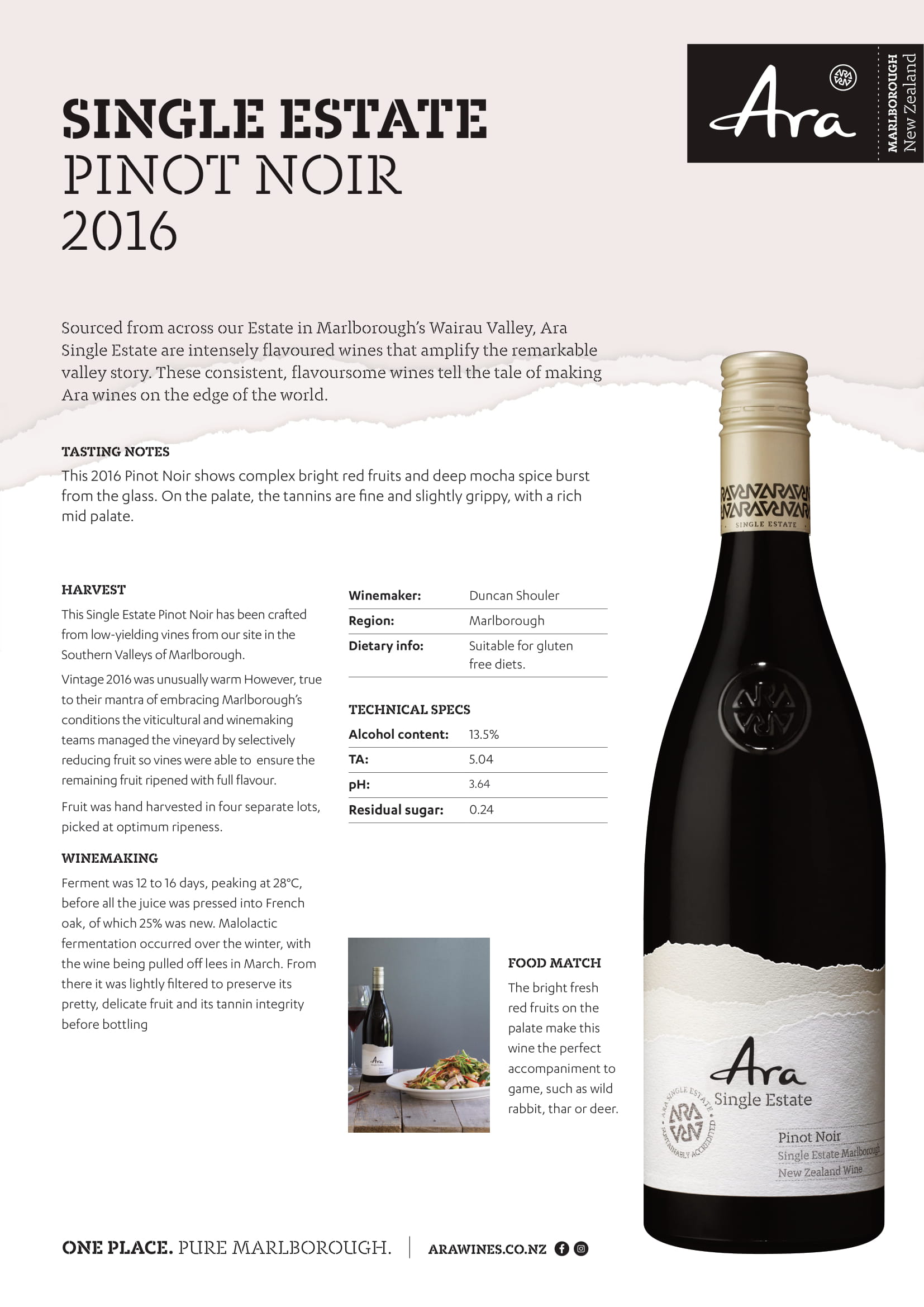 Ara wine brand Single Estate Pinot Noir tech sheet sample