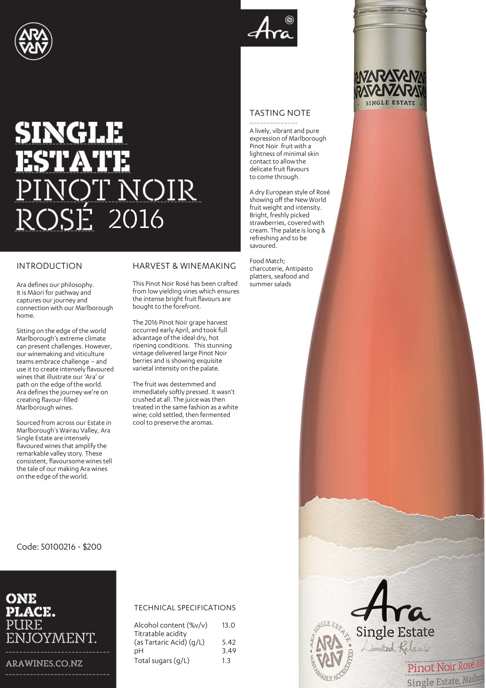 Ara wine brand Single Estate Rosé of Pinot Noir tech sheet sample